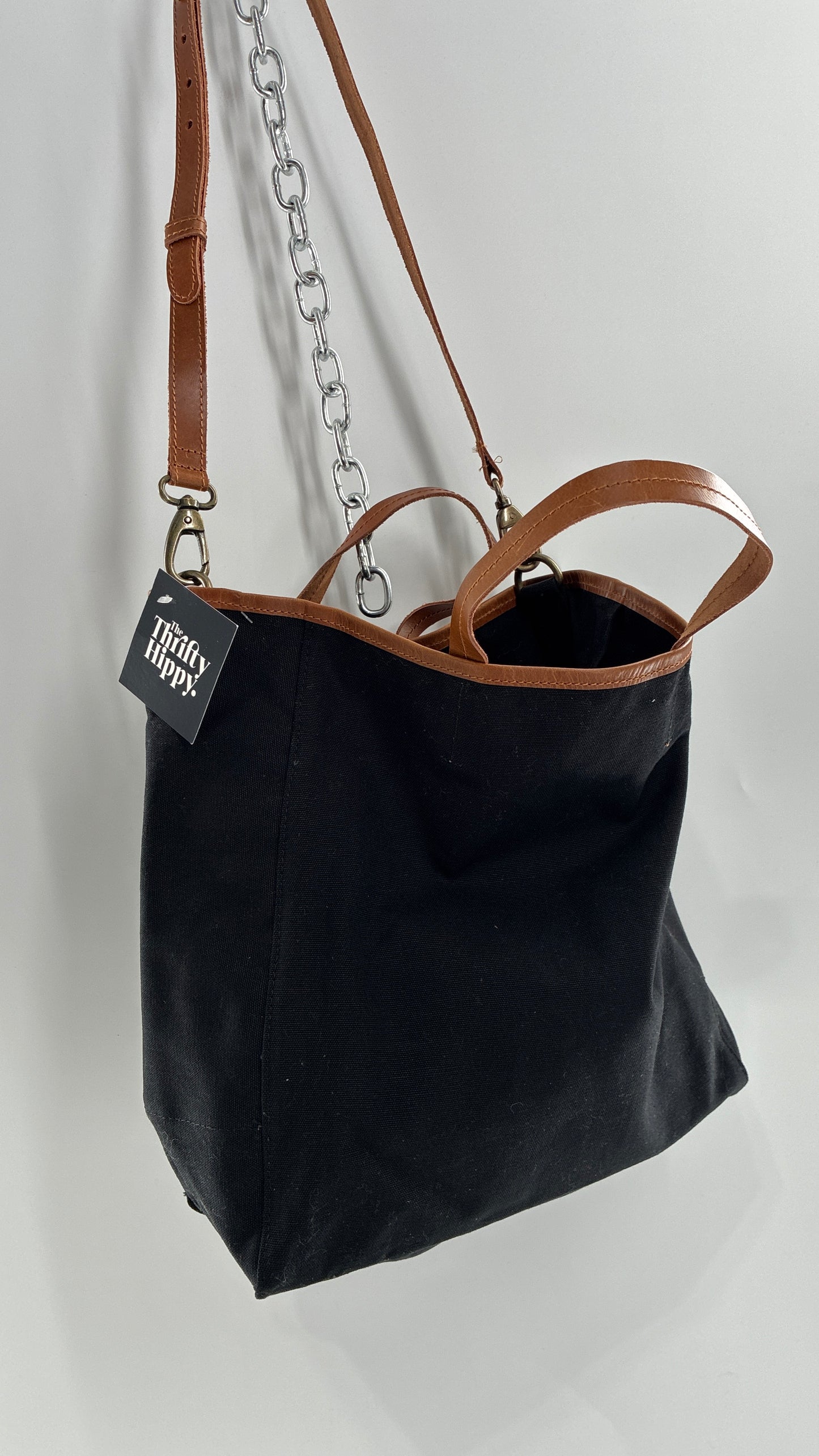 Urban Outfitters Large Black Cotton Tote Bag with Inner Pockets, Genuine Leather Lining and Straps