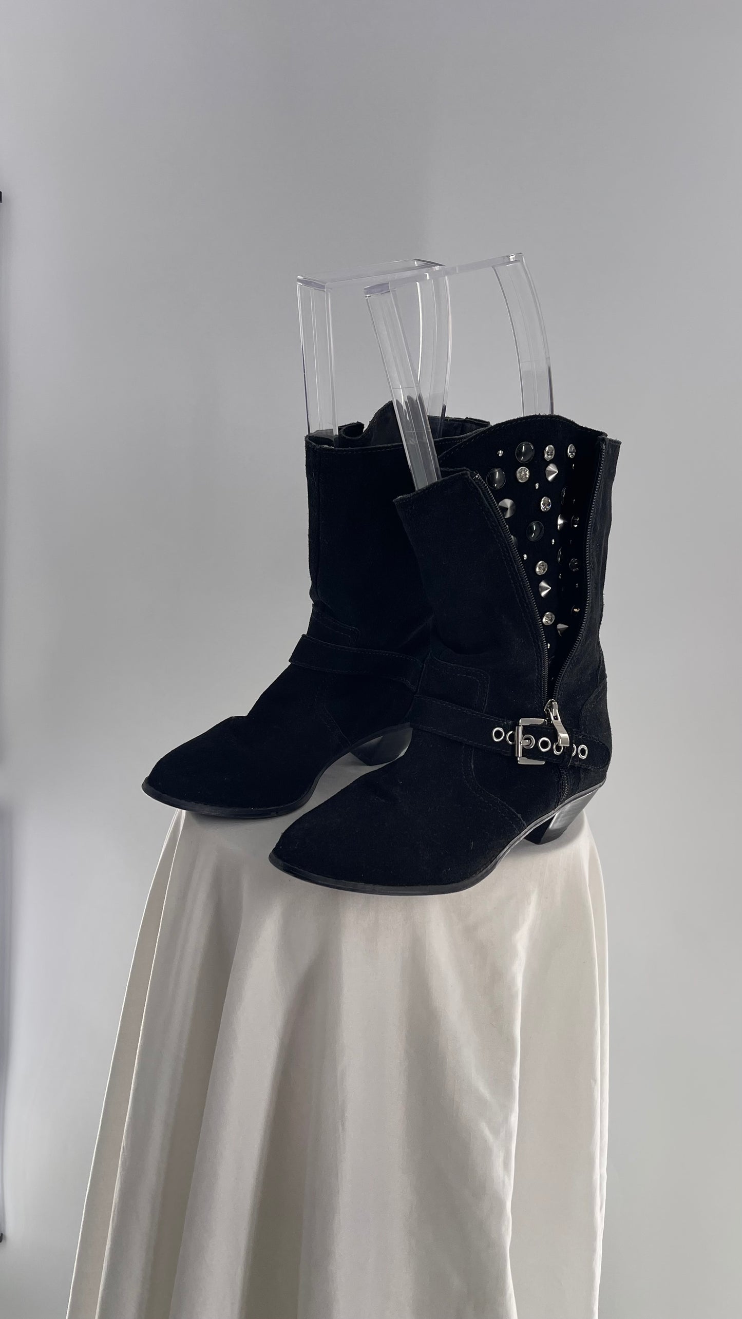 Vintage Black Suede Cowboy Boots with Buckle and Zip Up, Rhinestone Studded Details (8.5)