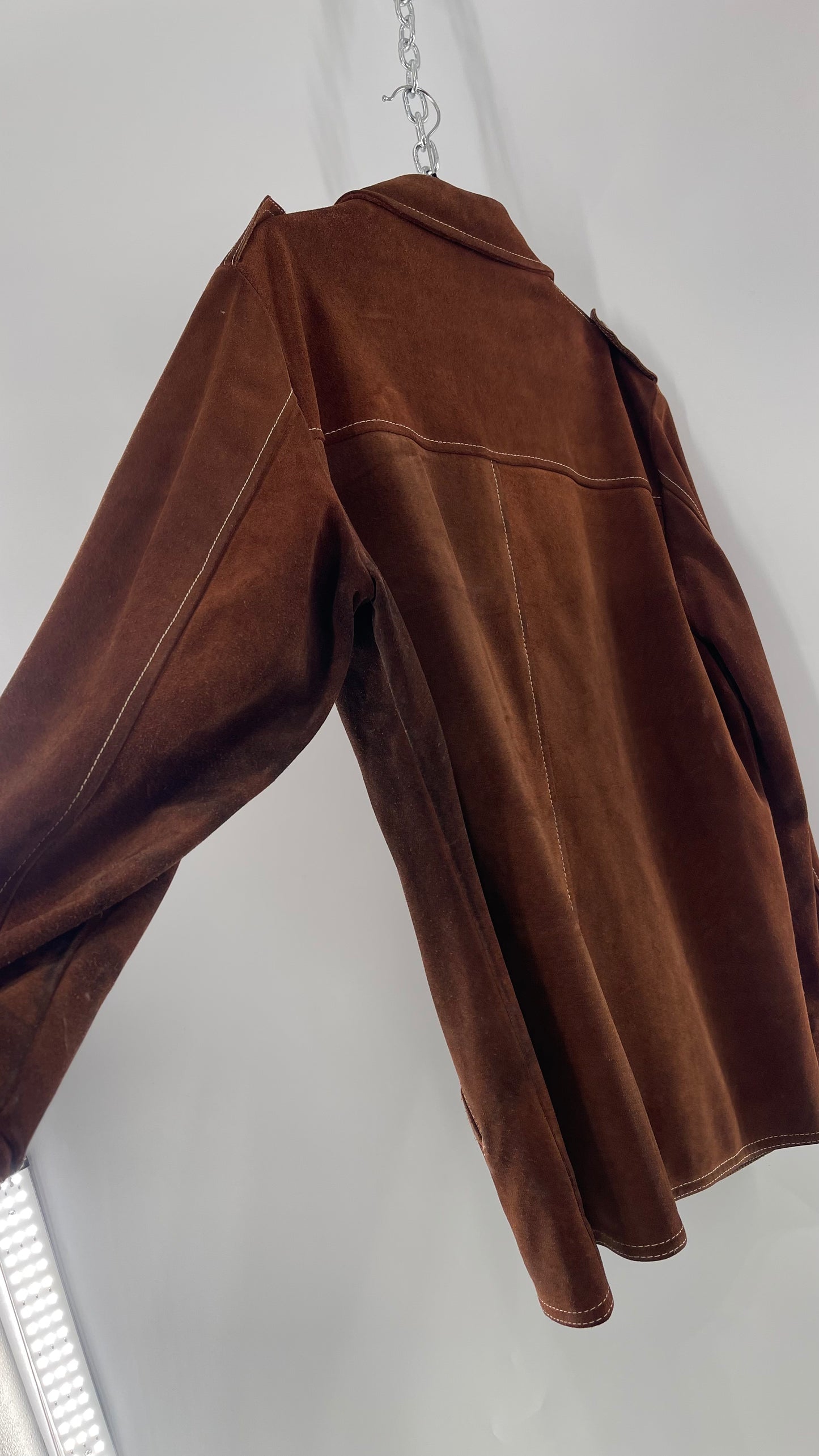 Vintage Brown Suede Jacket with Contrast White Stitching (C)(Large)