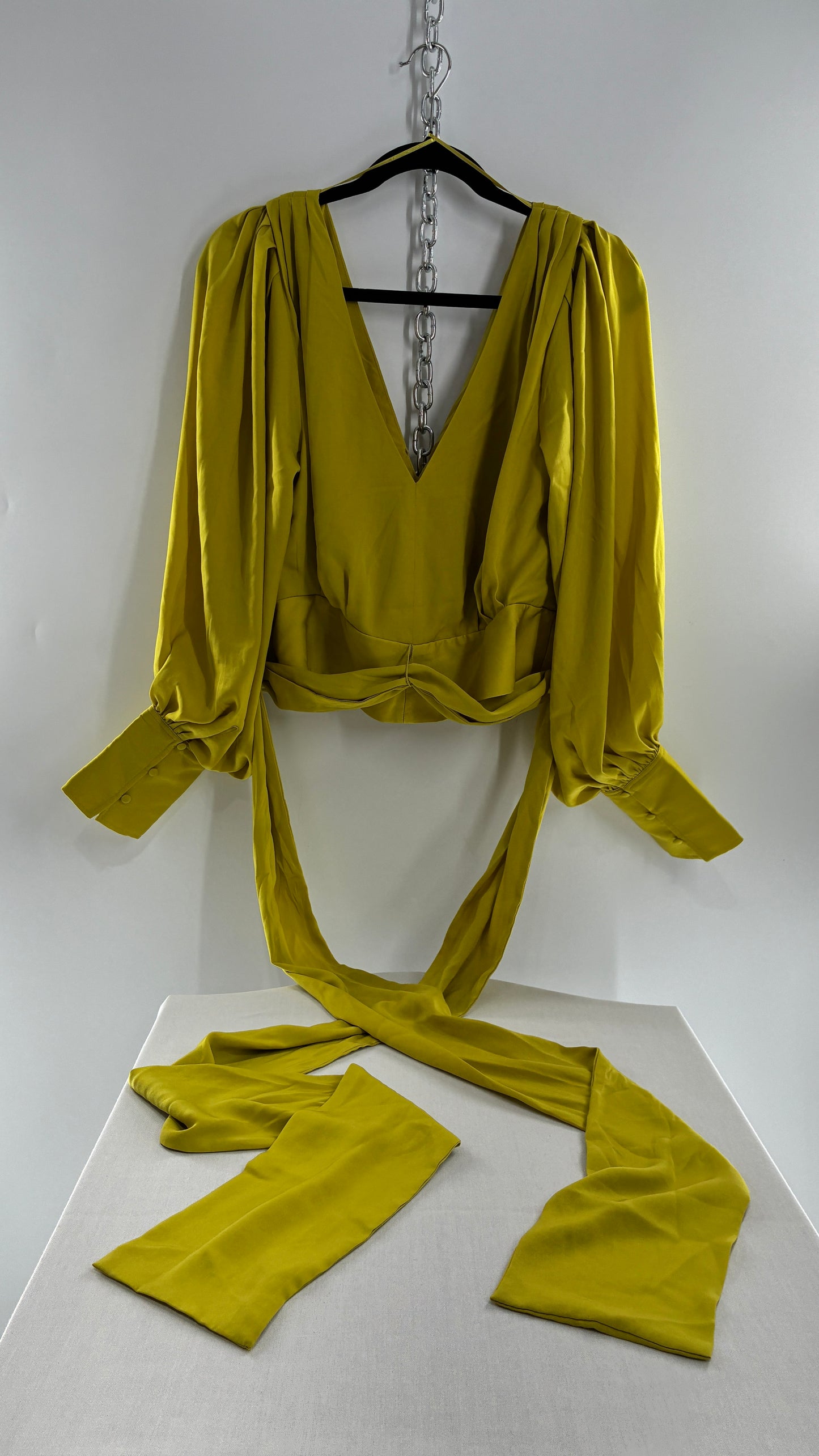 BANANA REPUBLIC Balloon Sleeve Chartreuse Green Wrap Around Blouse (10)