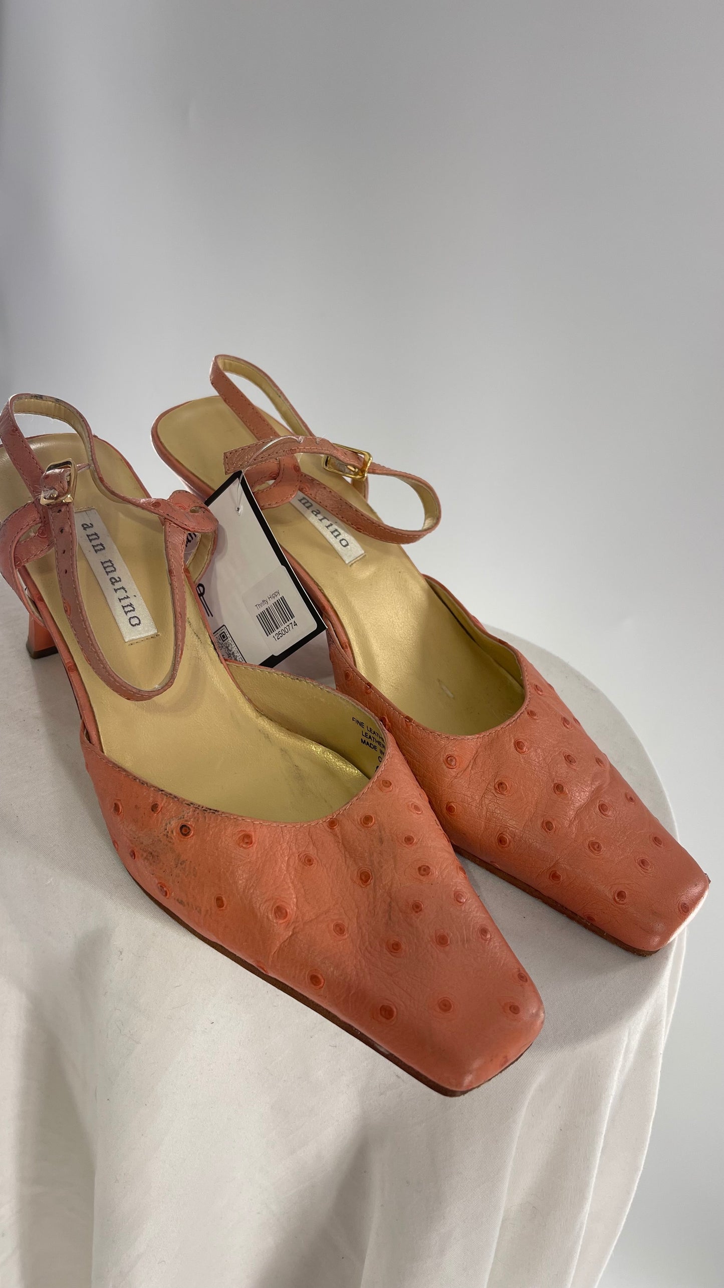 Vintage 1990s Ann Marino Pink Peach Genuine Leather Sling Back Pointed Square Toe Kitten Heel (8)