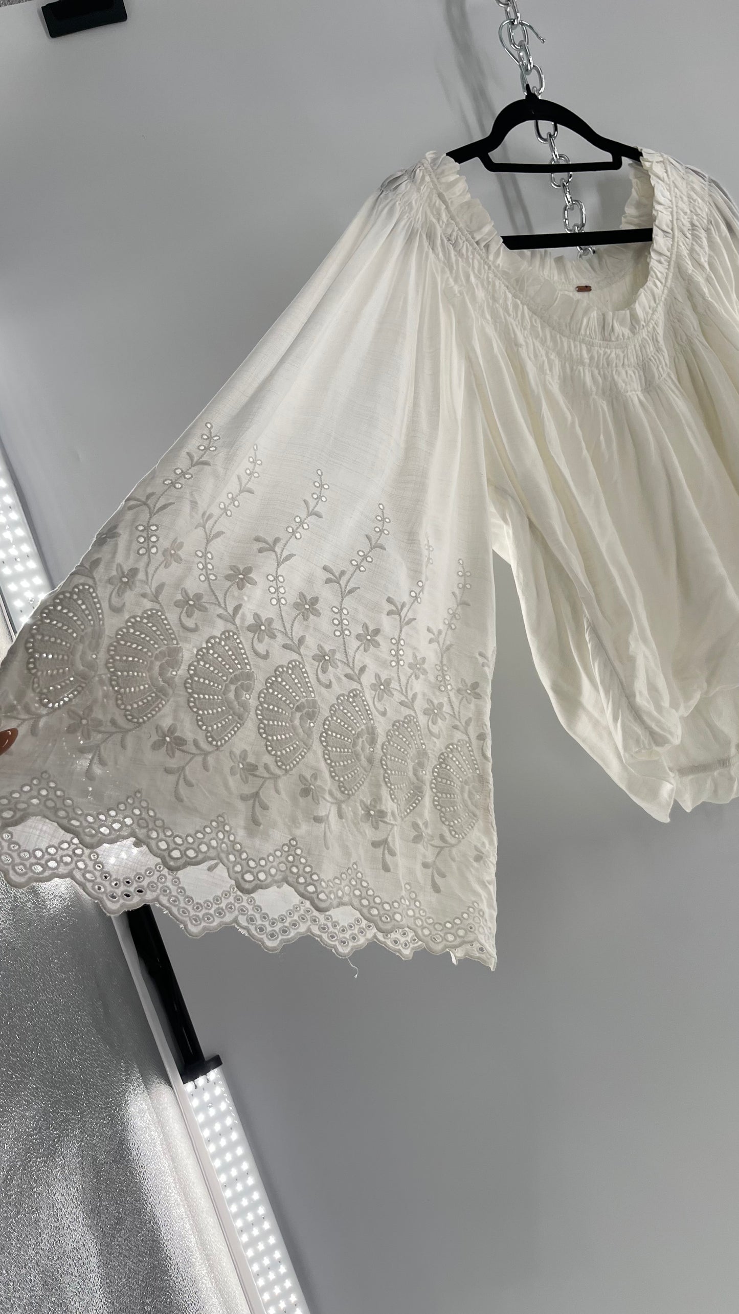 Free People White Bubble Hem Blouse with Linen Embroidered Bell Sleeves (Medium)