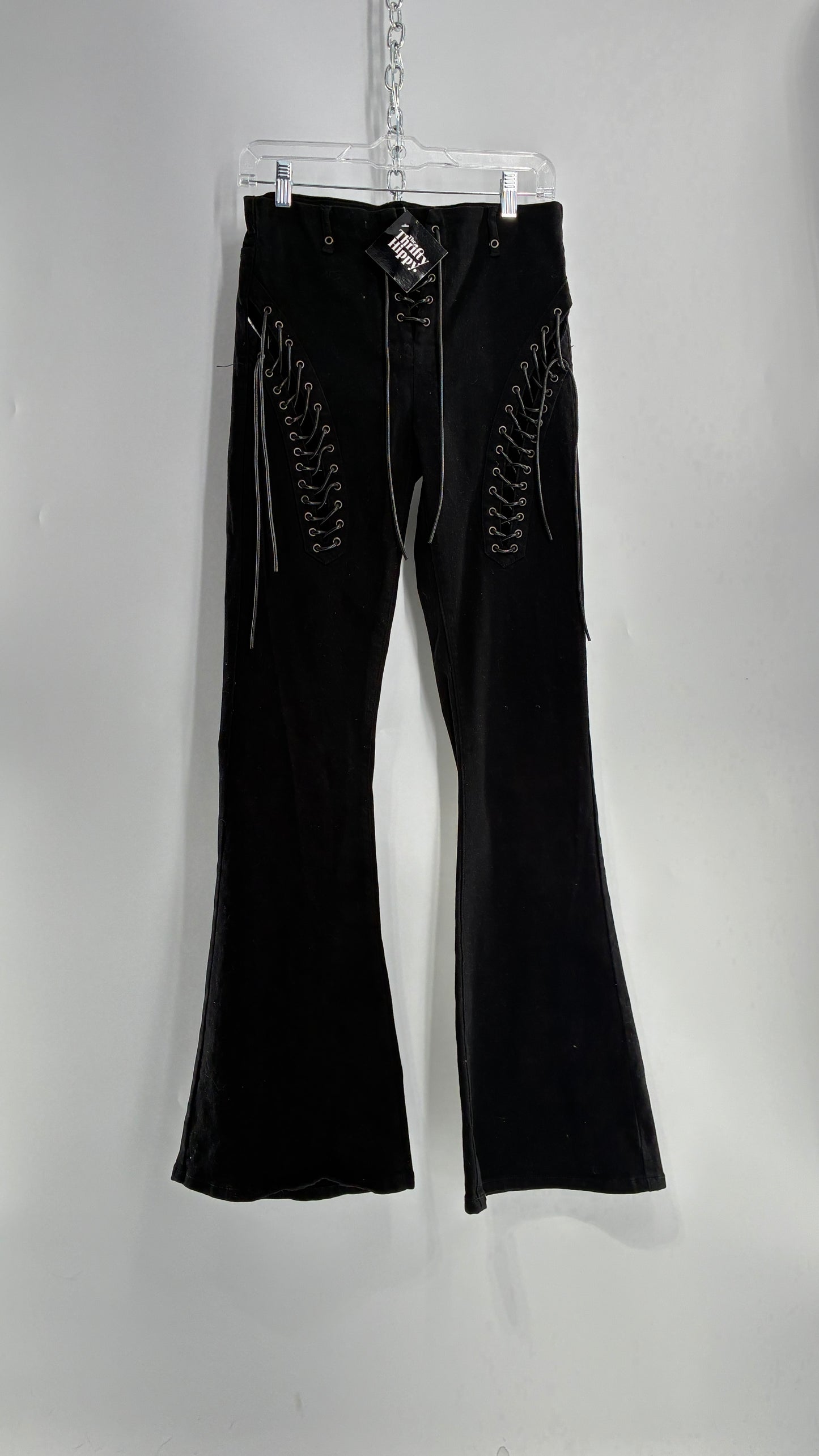 Edikted Black Denim Flares with Open Side Tie Up Details (Medium)