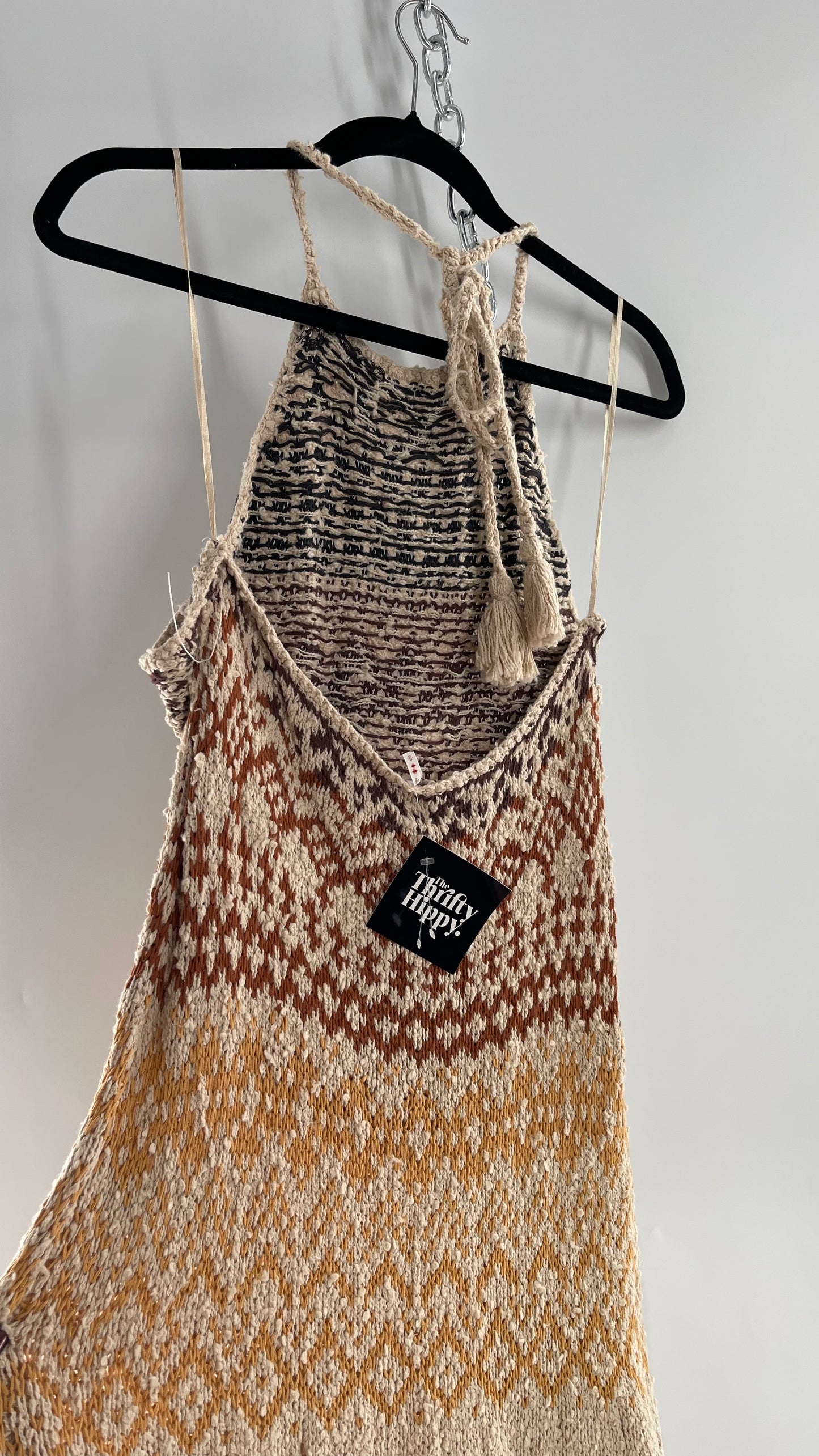 Free People Beige Ikat Oasis Knit Halter Maxi Dress (Small)