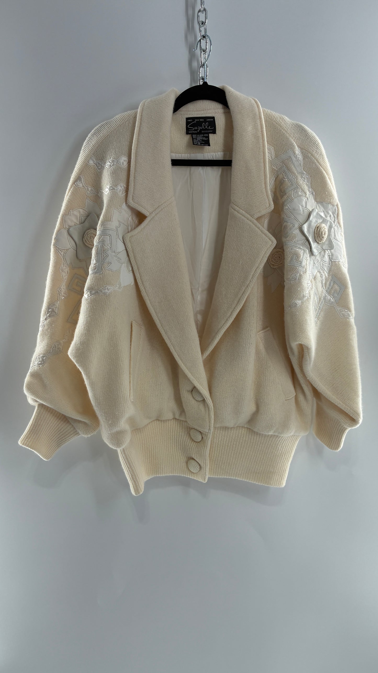 Vintage SUZELLE 70% Lambswool, 20% Angora Rabbit Off White Woven Bomber Jacket with Leather Flower Appliqués (Medium)