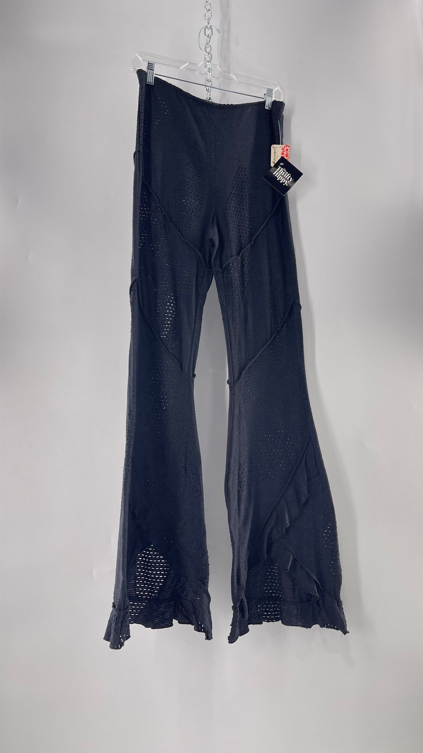 Free People Black Midnight Grey Mixed Pattern Kickflares with High Low Hem, Exposed Seams and Distressing Tags Attached (Medium)