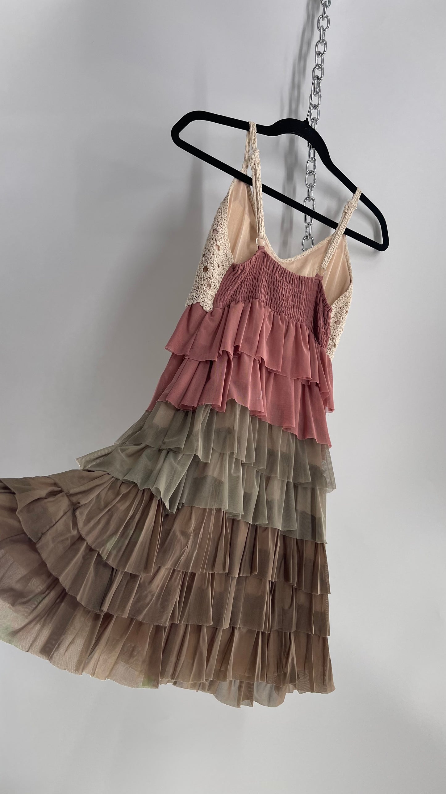 Vintage Ruffled Mini Dress with Crochet Bust (Small)