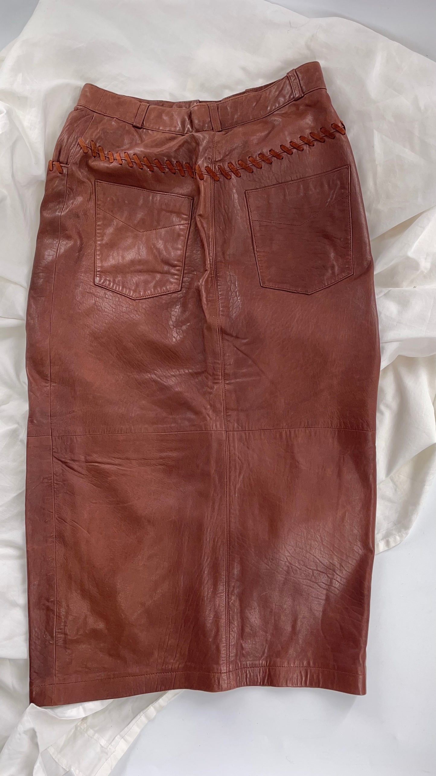 Vintage Diario Italian Brown Leather Long Skirt with Suede Stitch Detail (36)