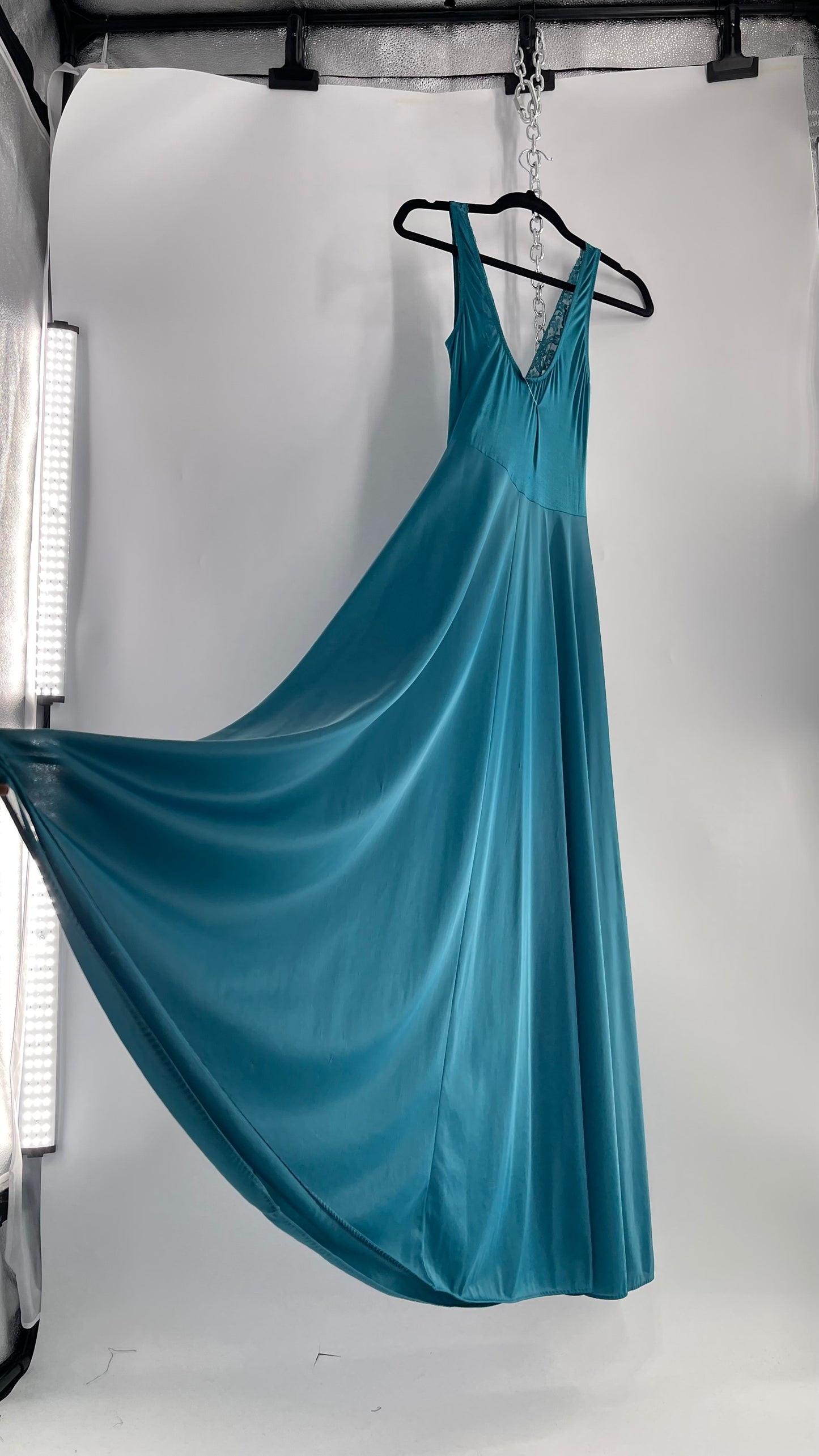 Vintage Olga Intimates Floor Length Voluminous Blue Jewel Toned Maxi Dress/Night Gown with Lace Bust (Small)