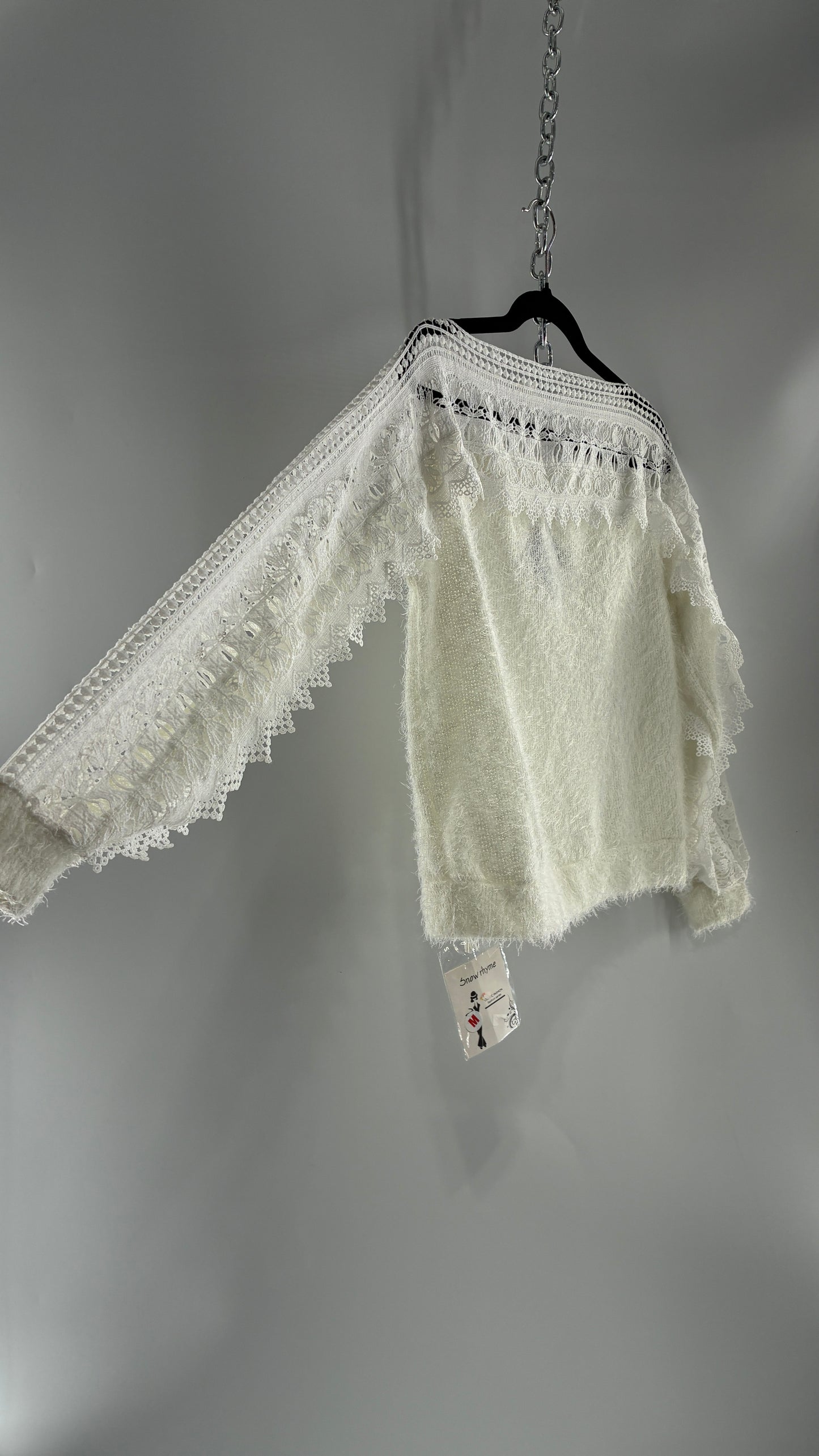 Deadstock White Shaggy Sweater with Thick Scalloped Lace Neckline + Arm Detail and Tags Attached (Medium)