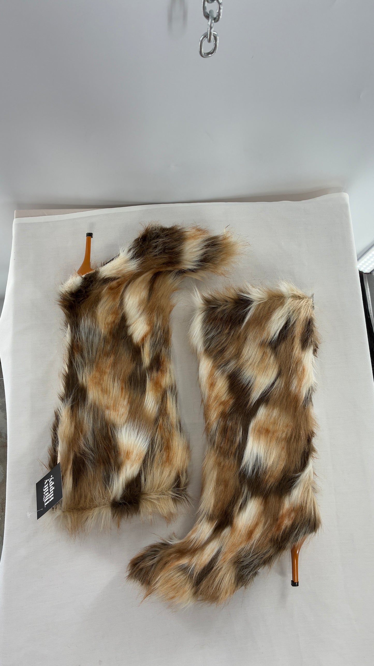 Vintage Mixed Tone Vegan Fur, Knee High, Pointed Toe Boots (43)