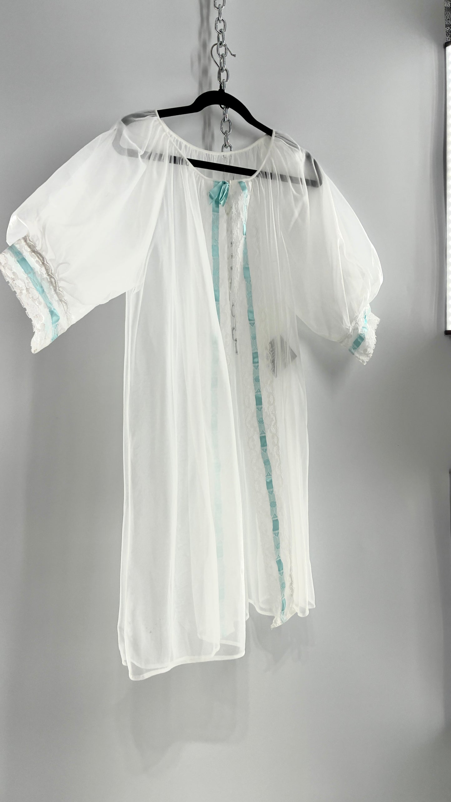 Vintage White Tulle Dress Cape with Oversized Puff Sleeves, Lined with Lace and Baby Blue Ribbon Trim (Medium)