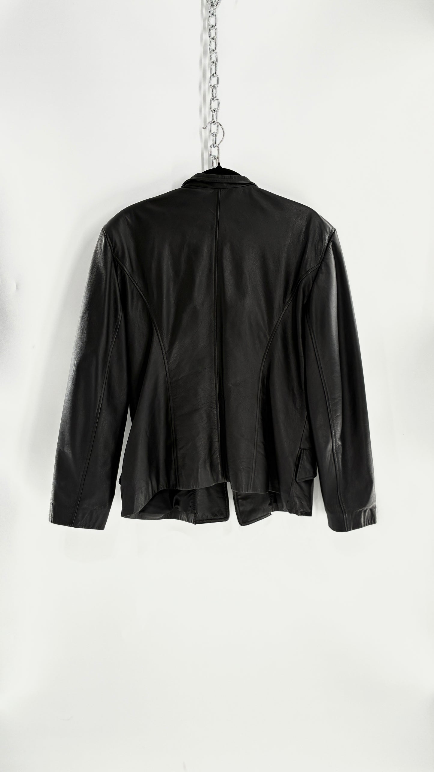 Vintage Virginia Slims Black Genuine Leather Military Jacket with Double Breasted Embossed Buttons (Large)