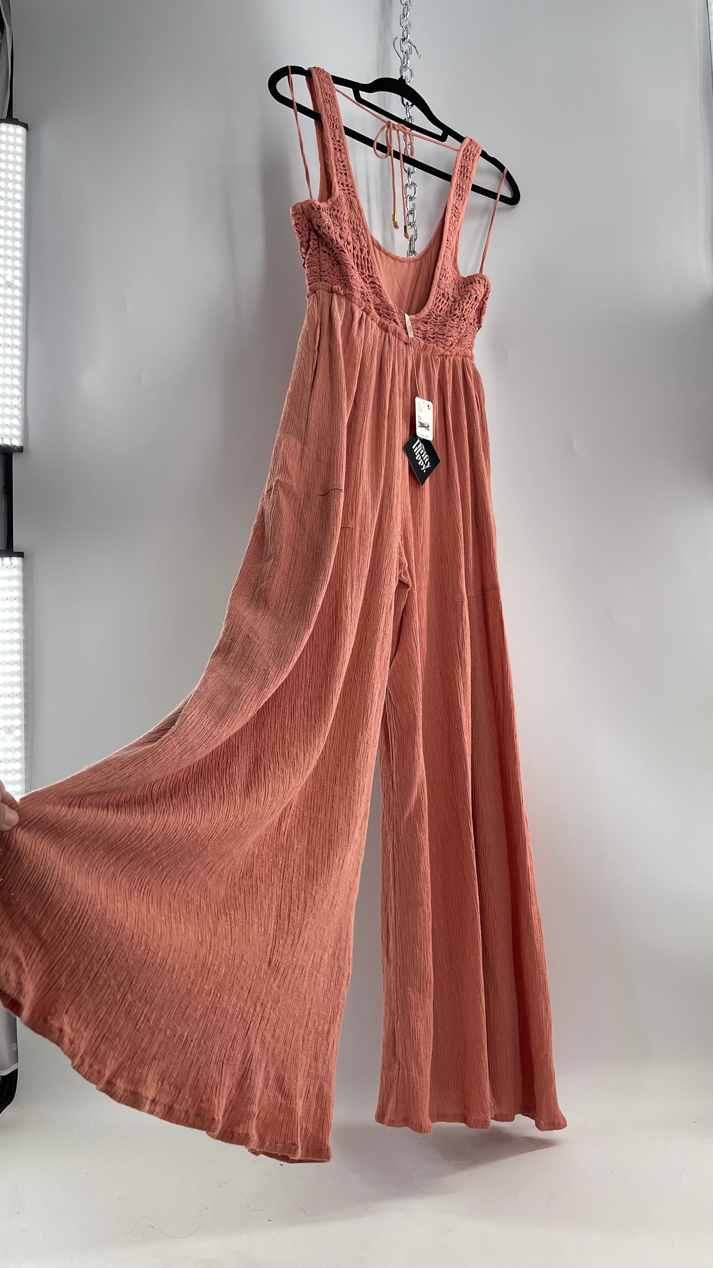Free People Rose/Peach Pink Wide Leg Jumpsuit with Crochet Bust and Tags Attached (XS)