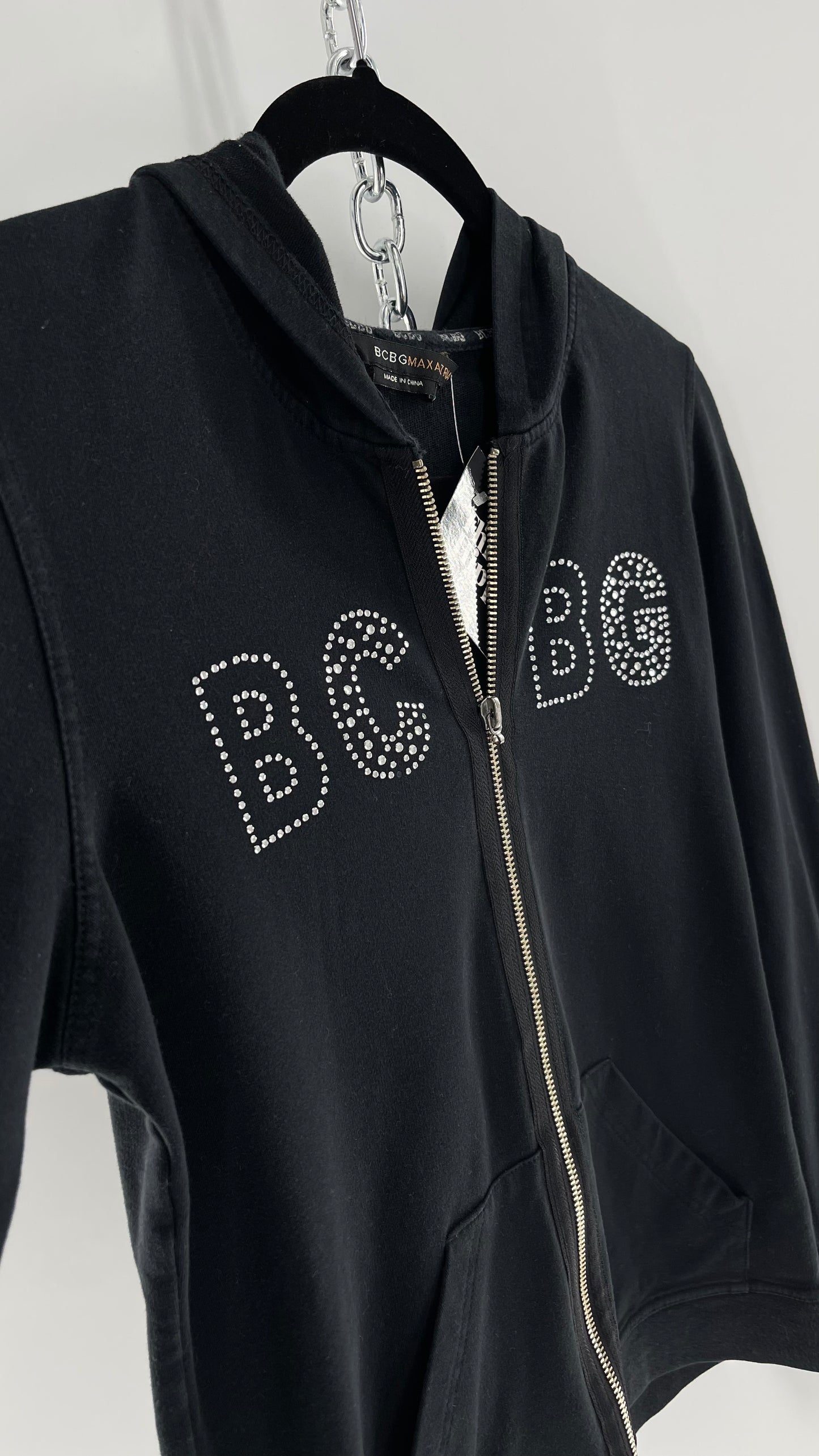 Vintage BCBG Rhinestone Logo Hoodie with Zip Up Studded Hood (Medium)