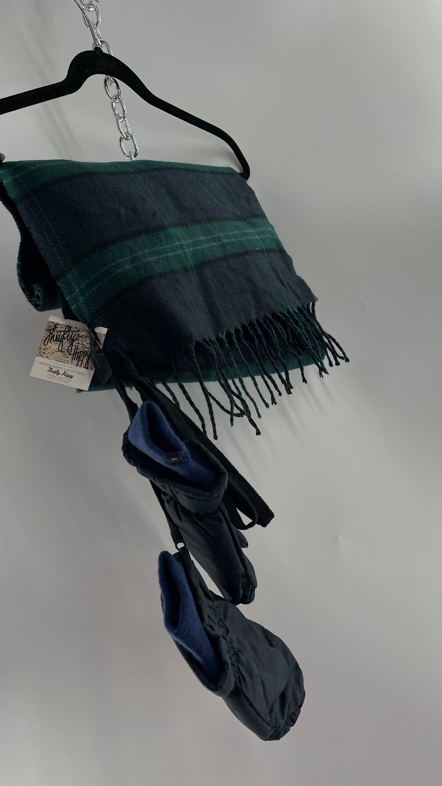 Urban Outfitters Plaid Navy Green Scarf and Matching Glove Set