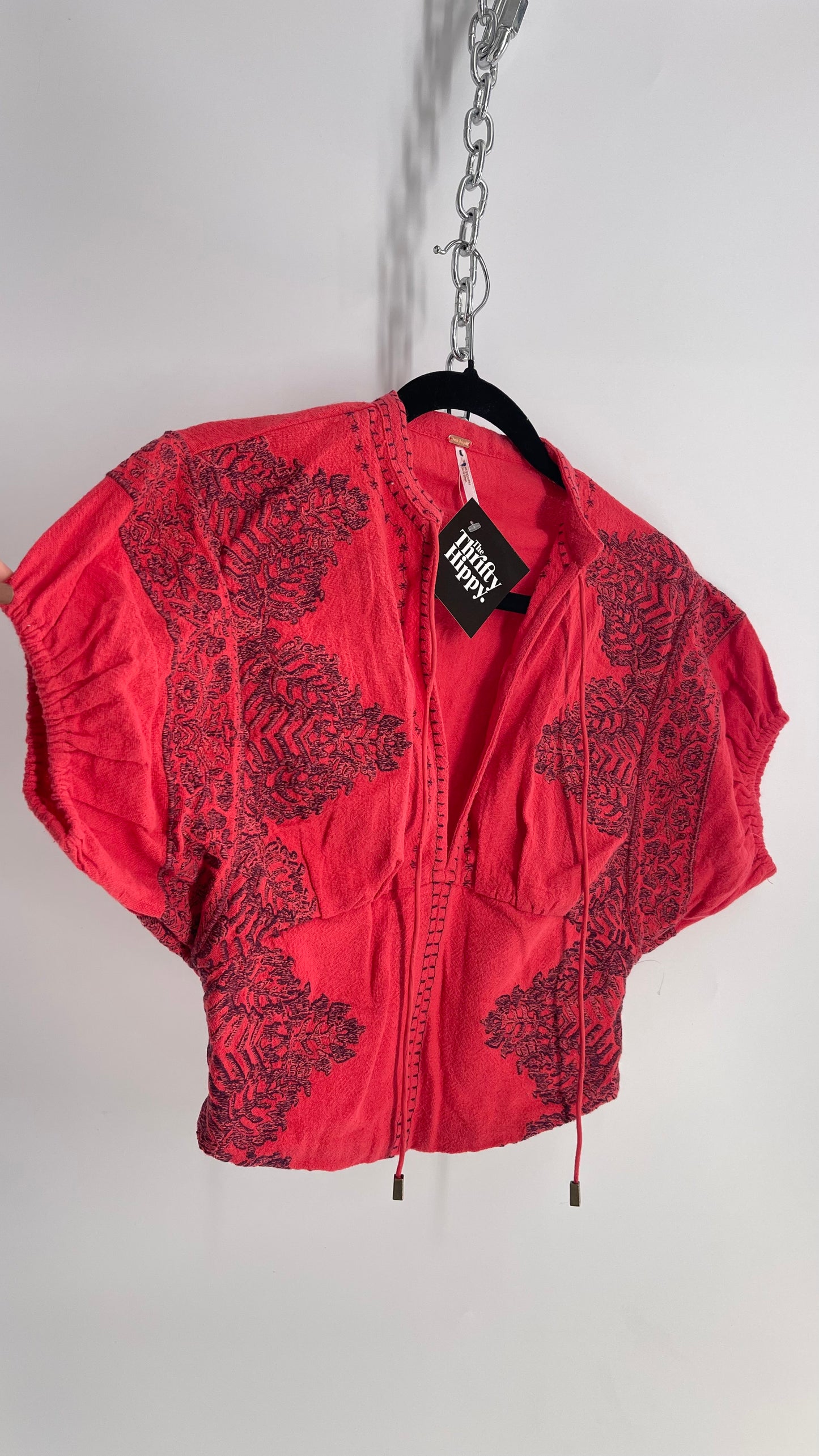 Free People Coral Red Puff Sleeve Top with Heavy Embroidery (XS)