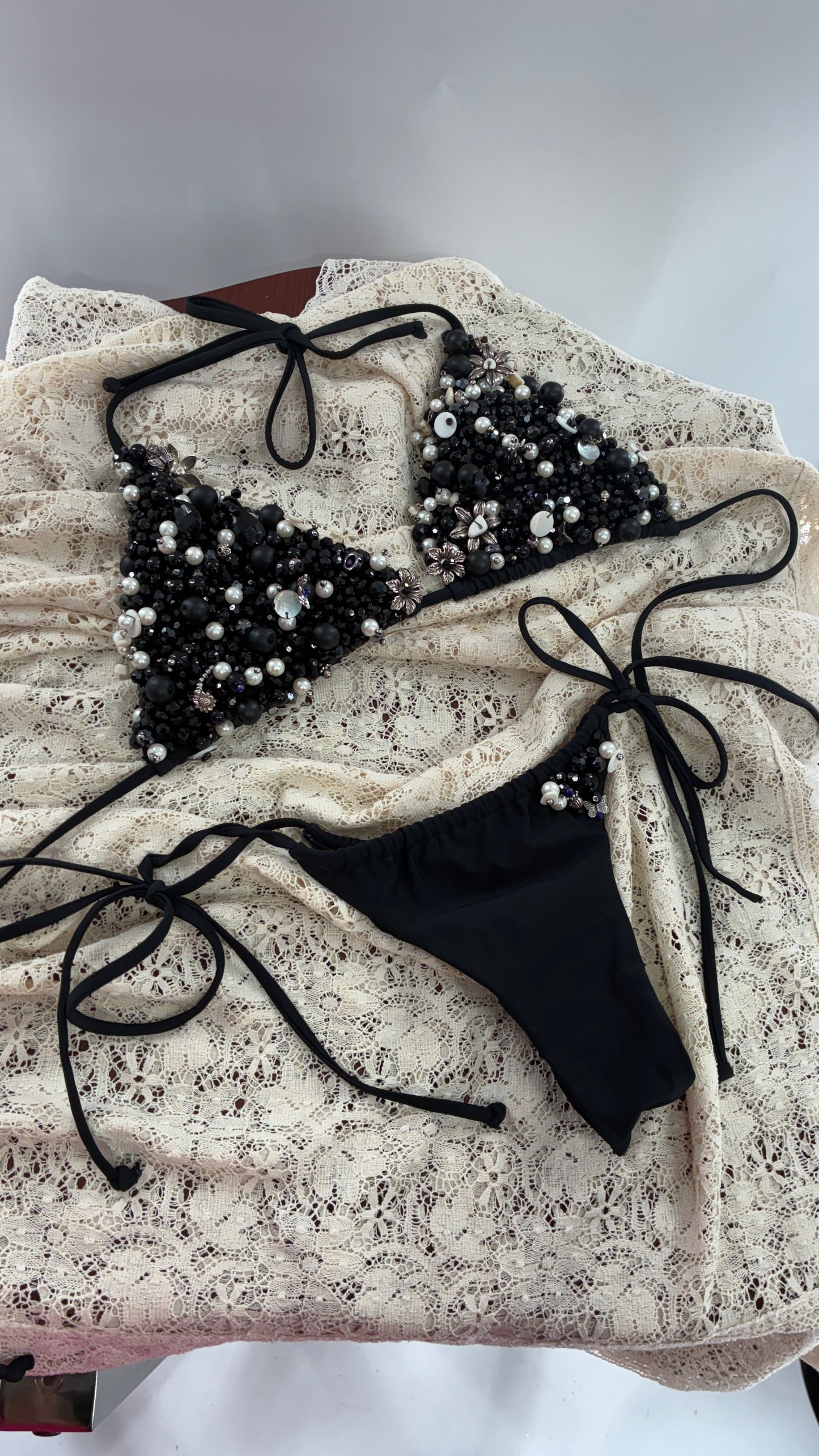 CUSTOM 1/1 Black Swimsuit Covered in Hand Placed and Sewn Beads, Charms, and Gems (MEDIUM)