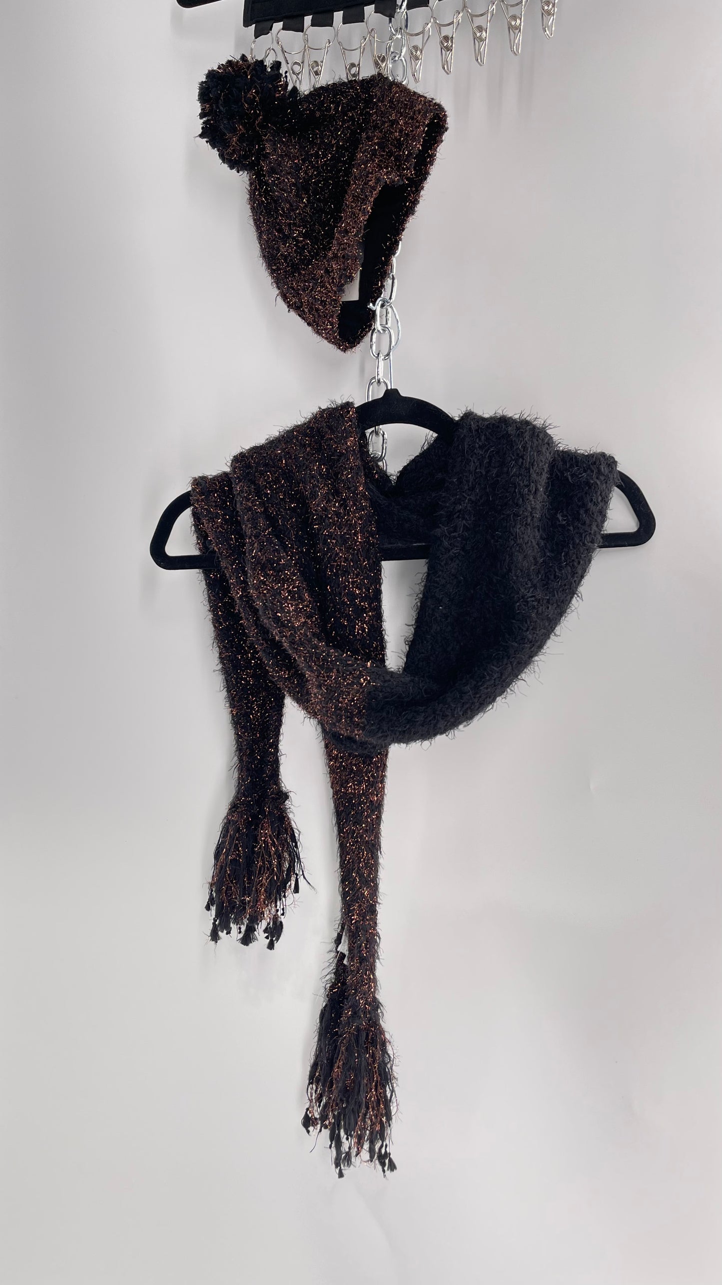 Anthropologie Bronze Tinsel Black Knit Beanie and Skinny Pom Scarf 2pc Set with Tags Attached