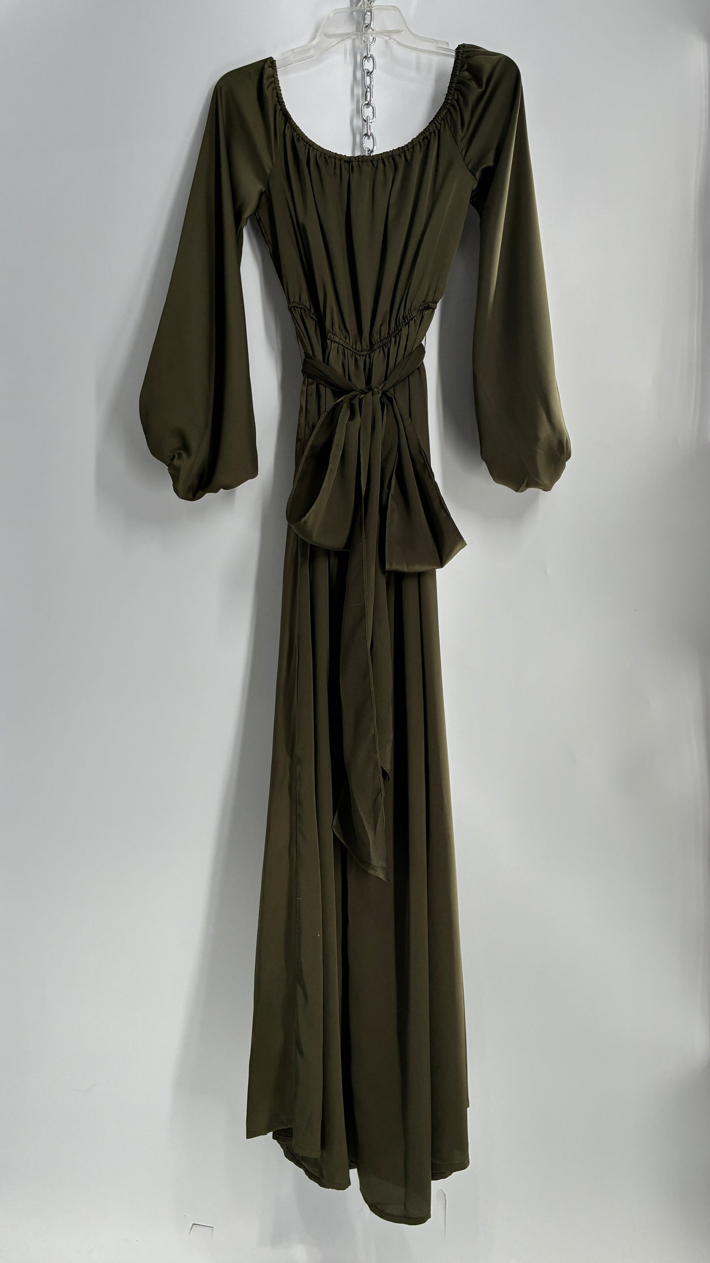 Dress Day Army Green Silky Balloon Sleeve Full Length Gown with Slit and Tags Attached (Medium)