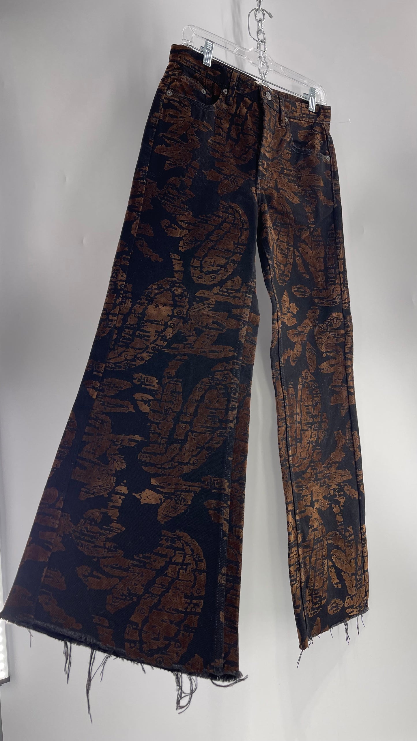 Free People Black/Brown Velvet Texture Graphic Straight Legs with Raw Edge Hem and Tags Attached (28)