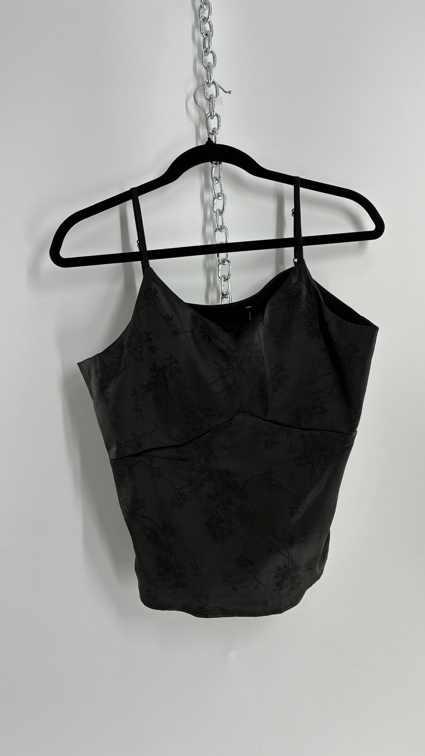 Vintage Black Silky Floral Camisole with Built in Padding (Large)