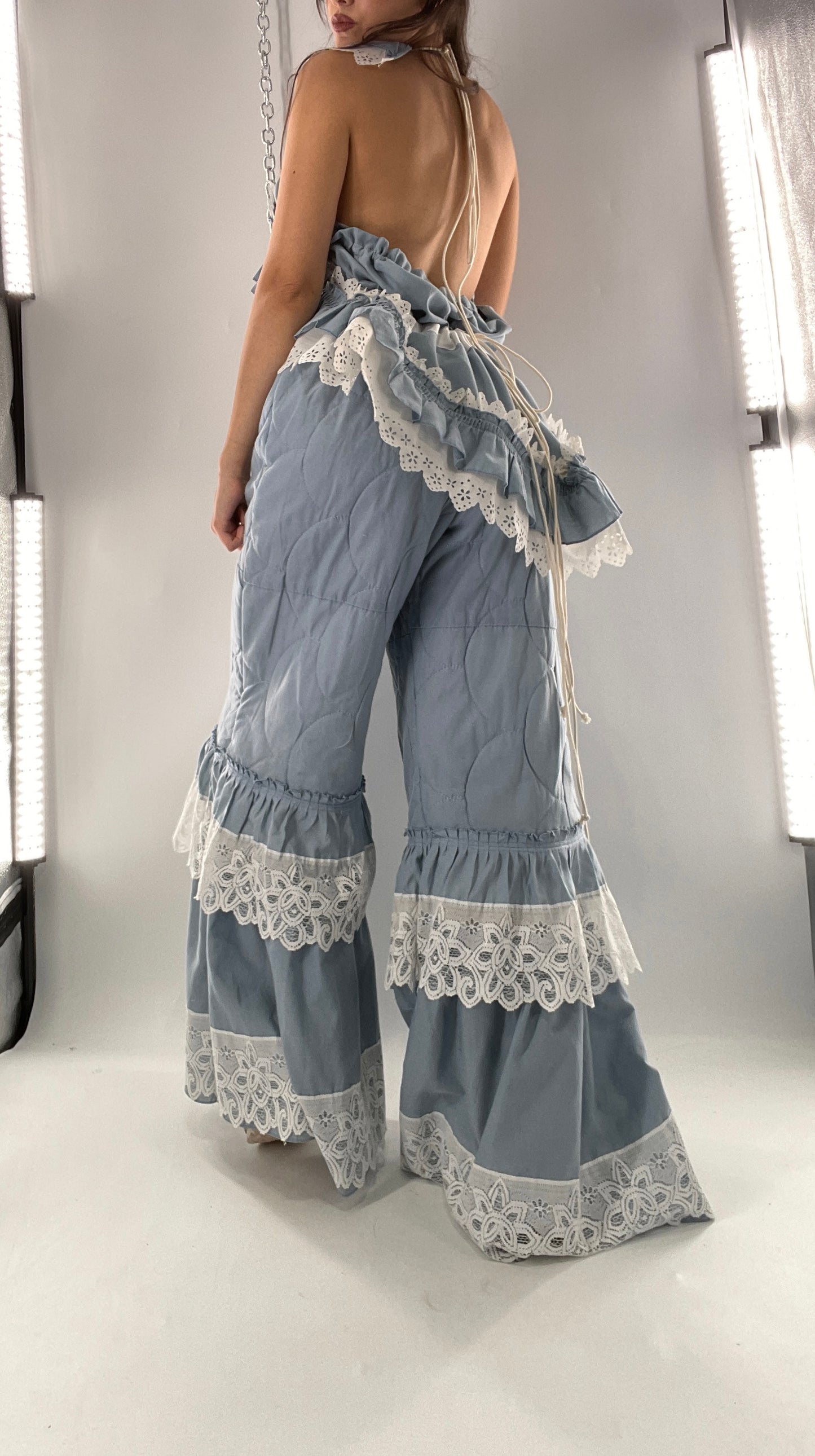 Vintage 2 Piece Powder Blue Set Featuring 2Way Blouse and Quilted Trousers Covered in Ruffles, Lace and Trim (One Size)