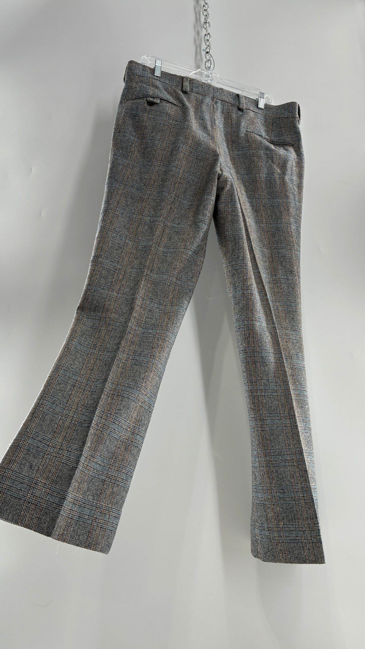 Vintage Handmade Wool Blend Woven Men’s Tailored Trousers with Grey Blue Plaid Pattern (35x32)