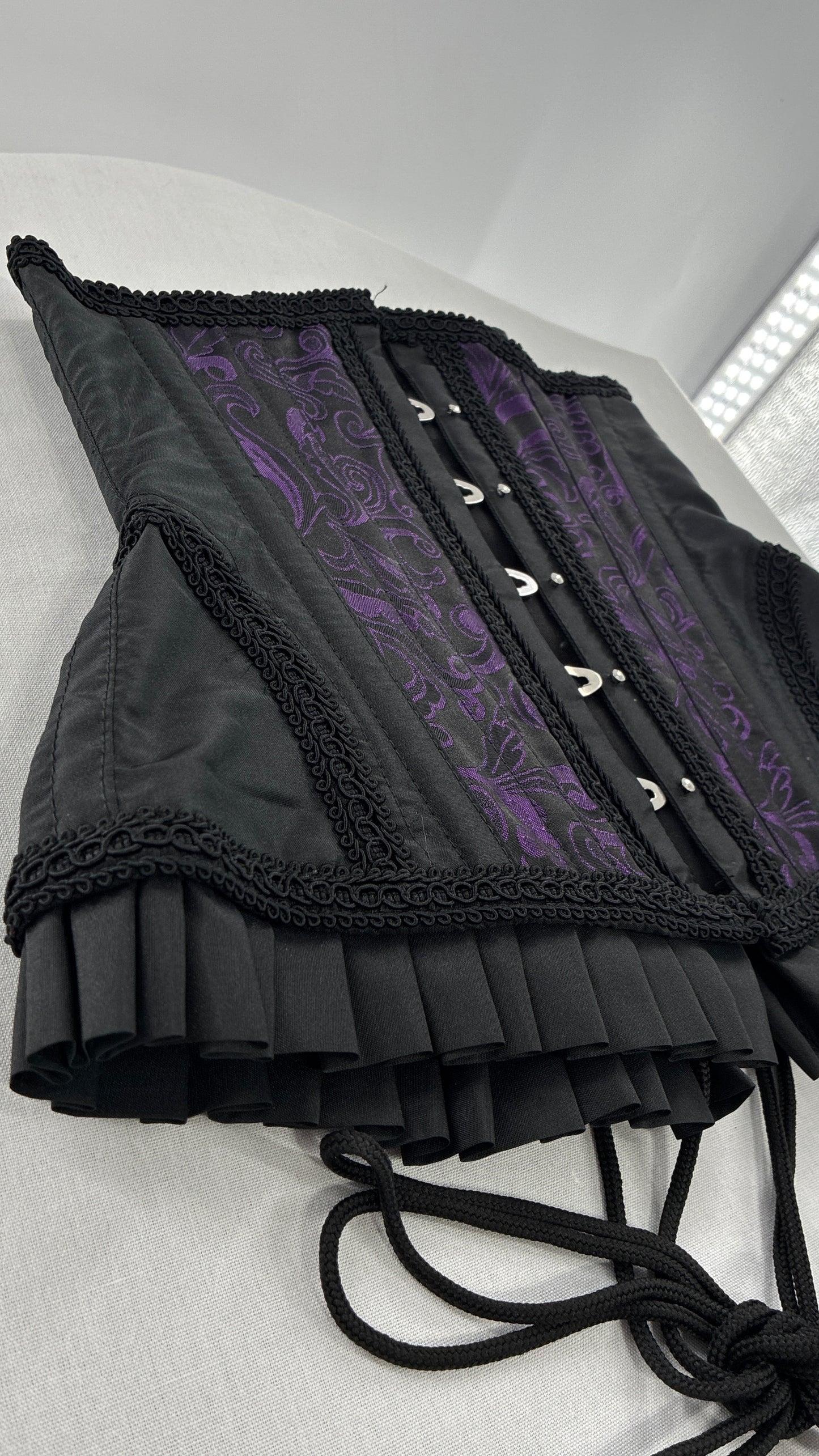 Vintage Black and Purple Brocade Corset with Pleated, Ruffled Hem (Sz 22)