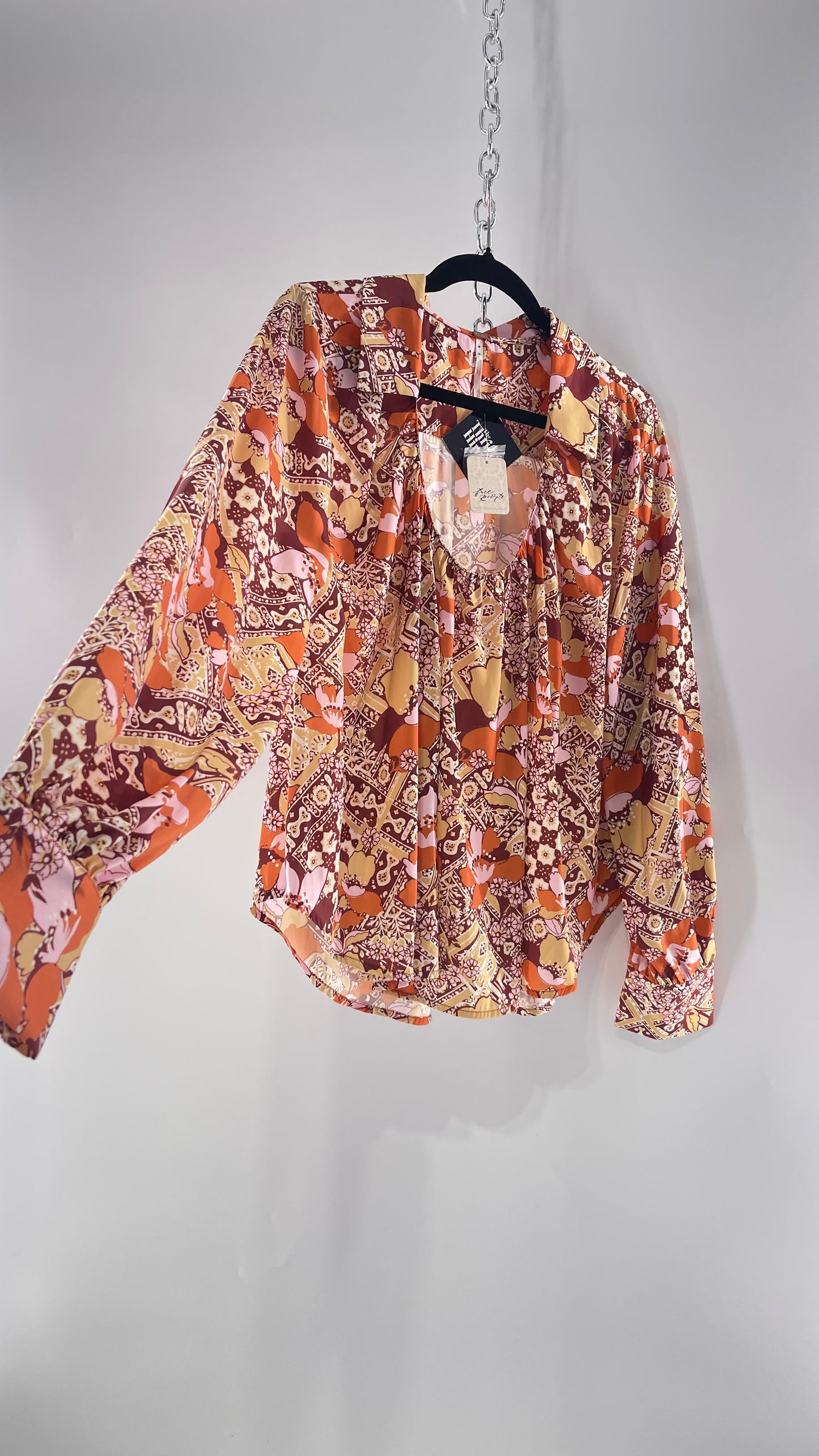 Free People All Over Mixed Warm Toned Satin Blouse with Pleated/Draping Neckline and Collar, Tags Attached (Small)