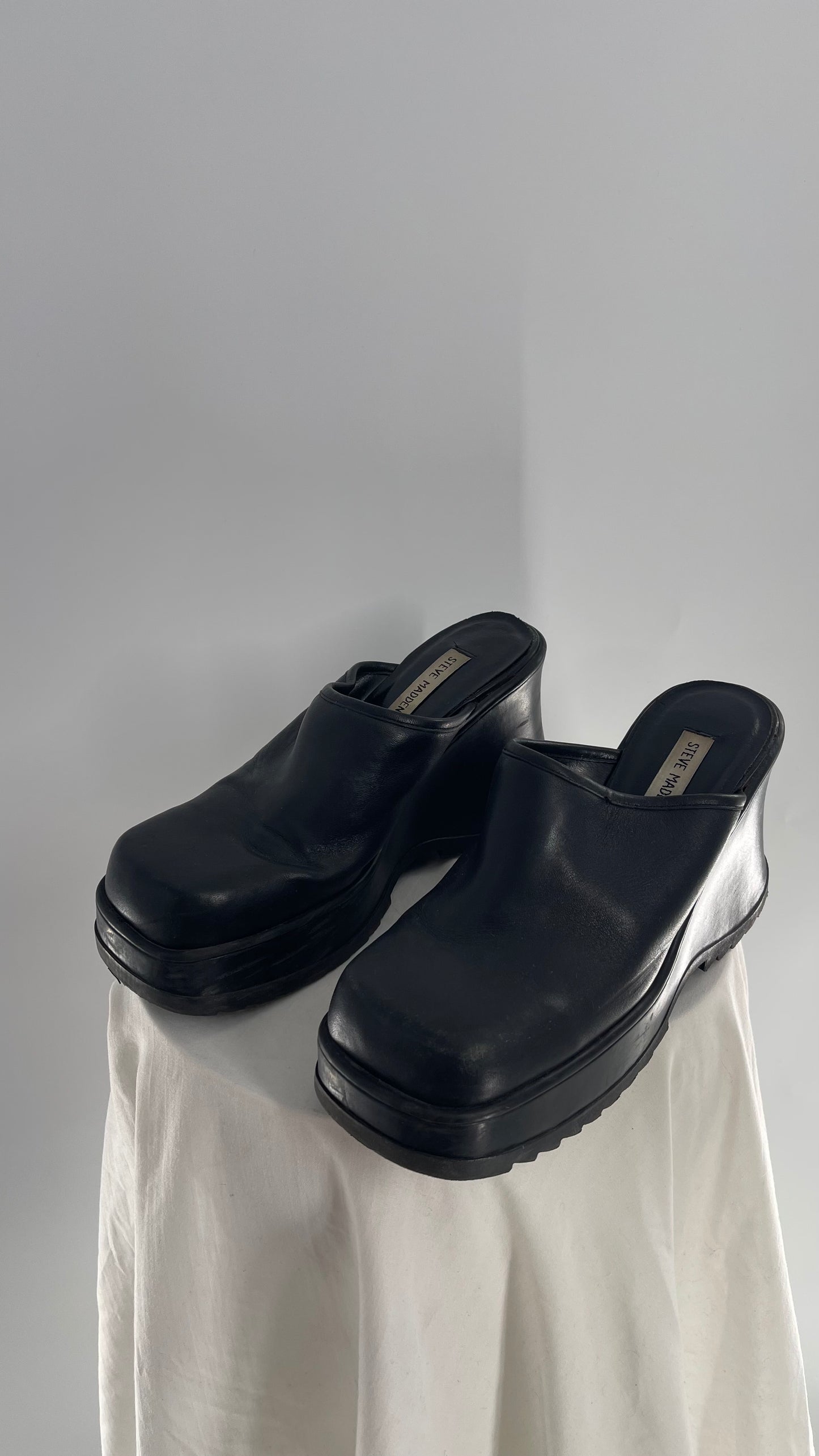 STEVE MADDEN Rare Black Leather Chunky Platform Wedge Clog (10)