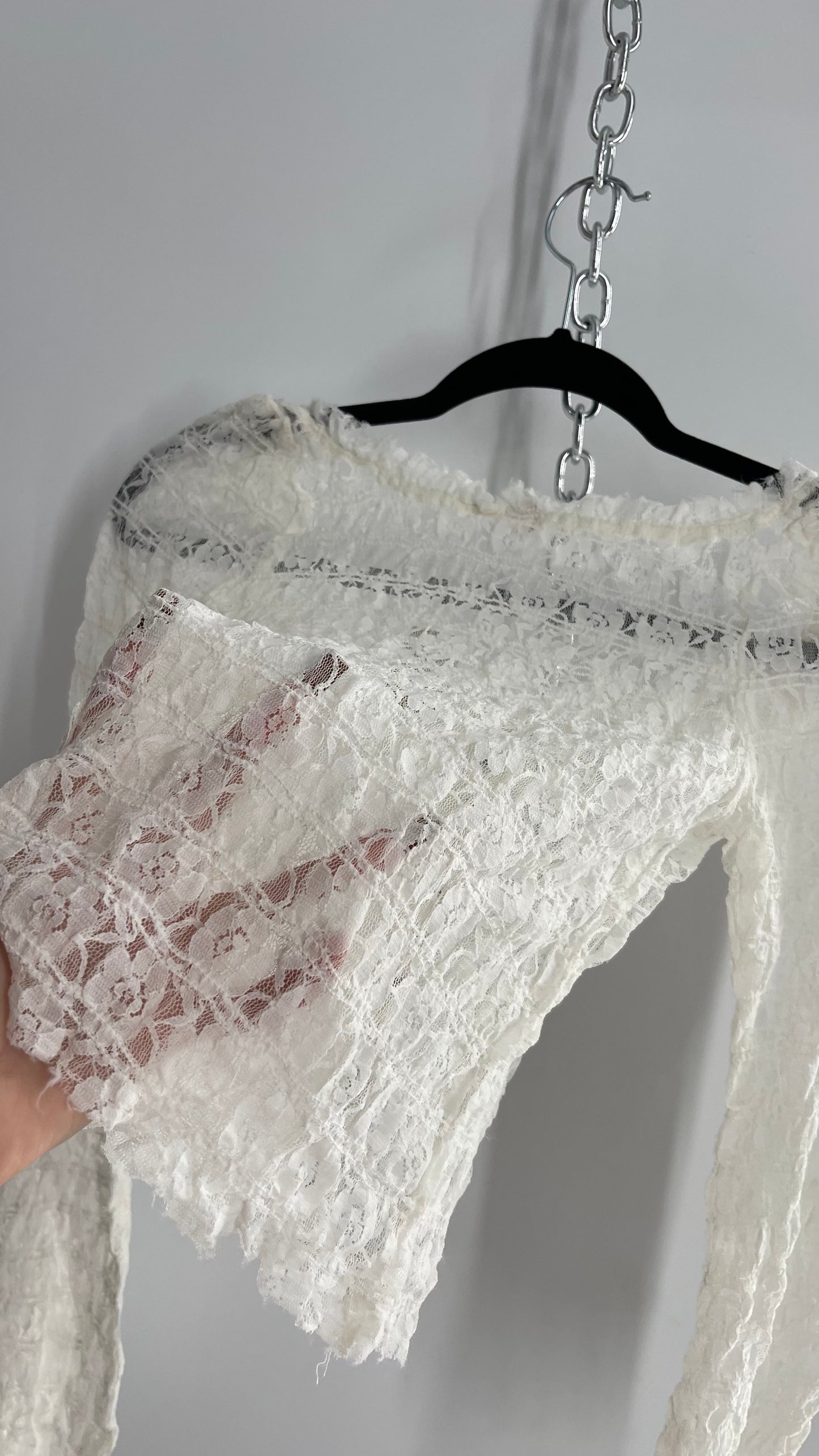 Free People White Smocked Lace Long Sleeve with Eyelet Closure (Small)