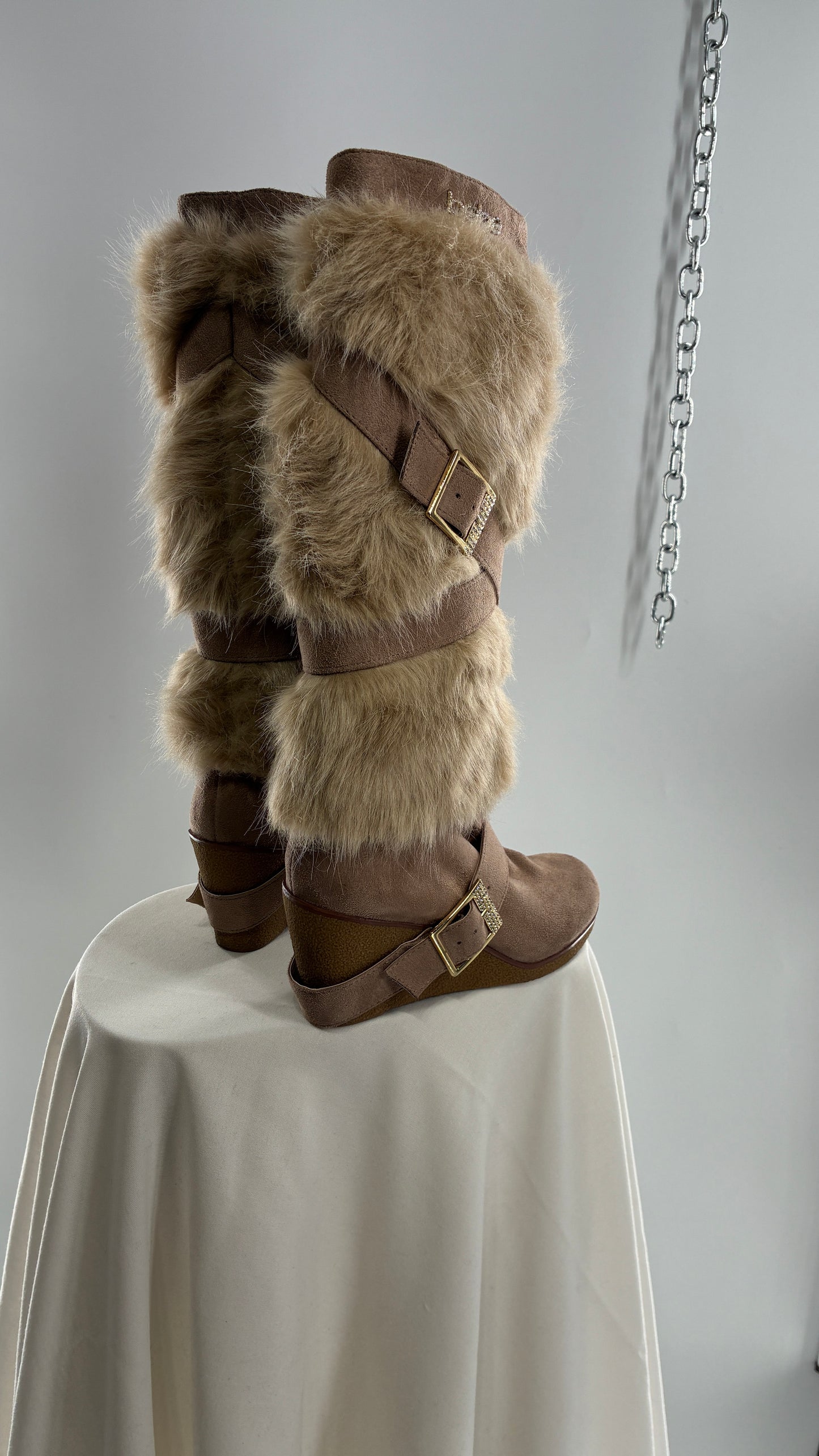 Vintage BEBE Wedge Heel Knee High Vegan Fur, Strappy Boots (6)