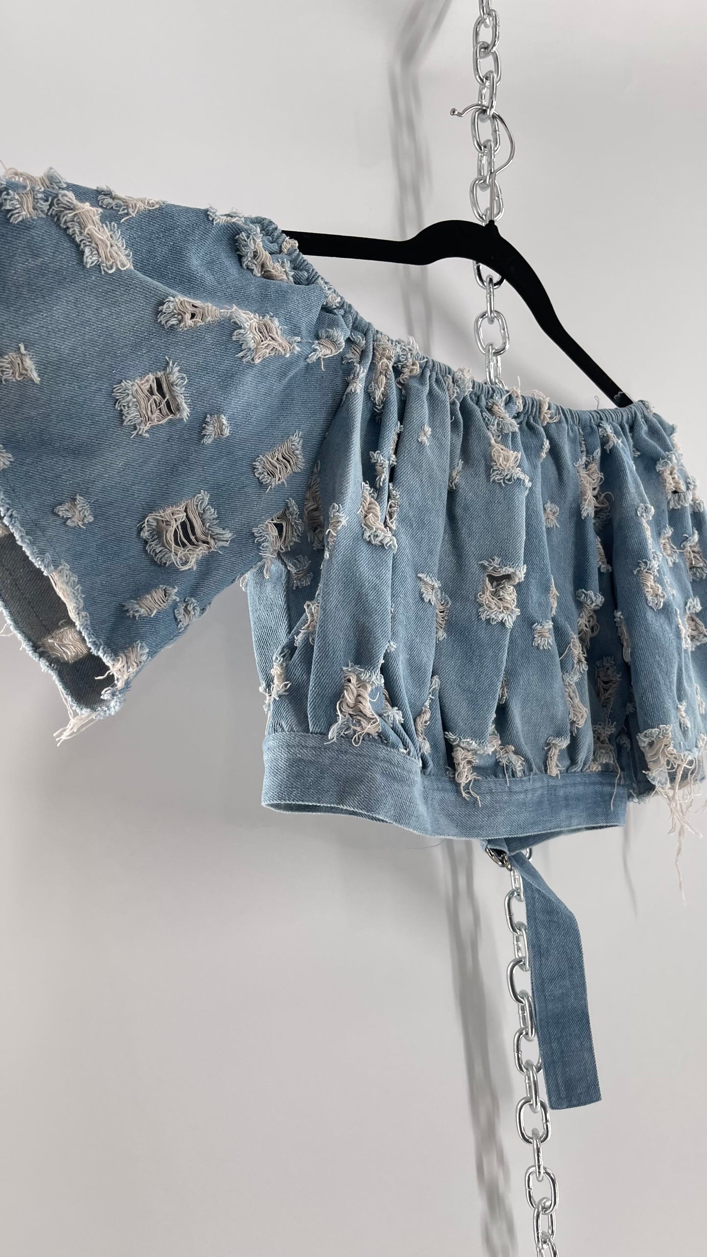 Homage Distressed Denim Crop Top with Keyhole Bust Cutout and Buckle (Medium)
