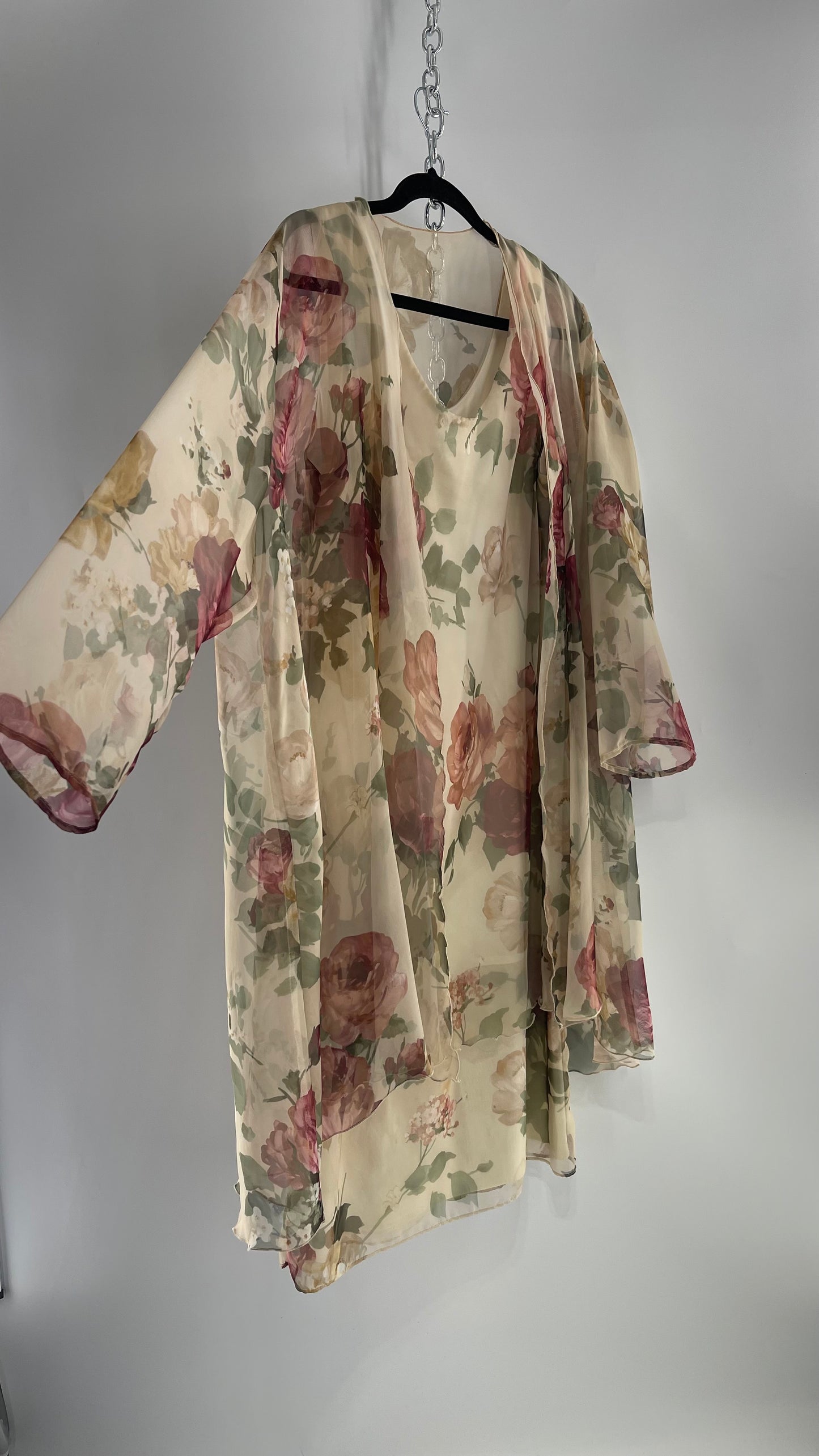 1990s Vintage Off White Muted Florals Dress + Cape Set (16)