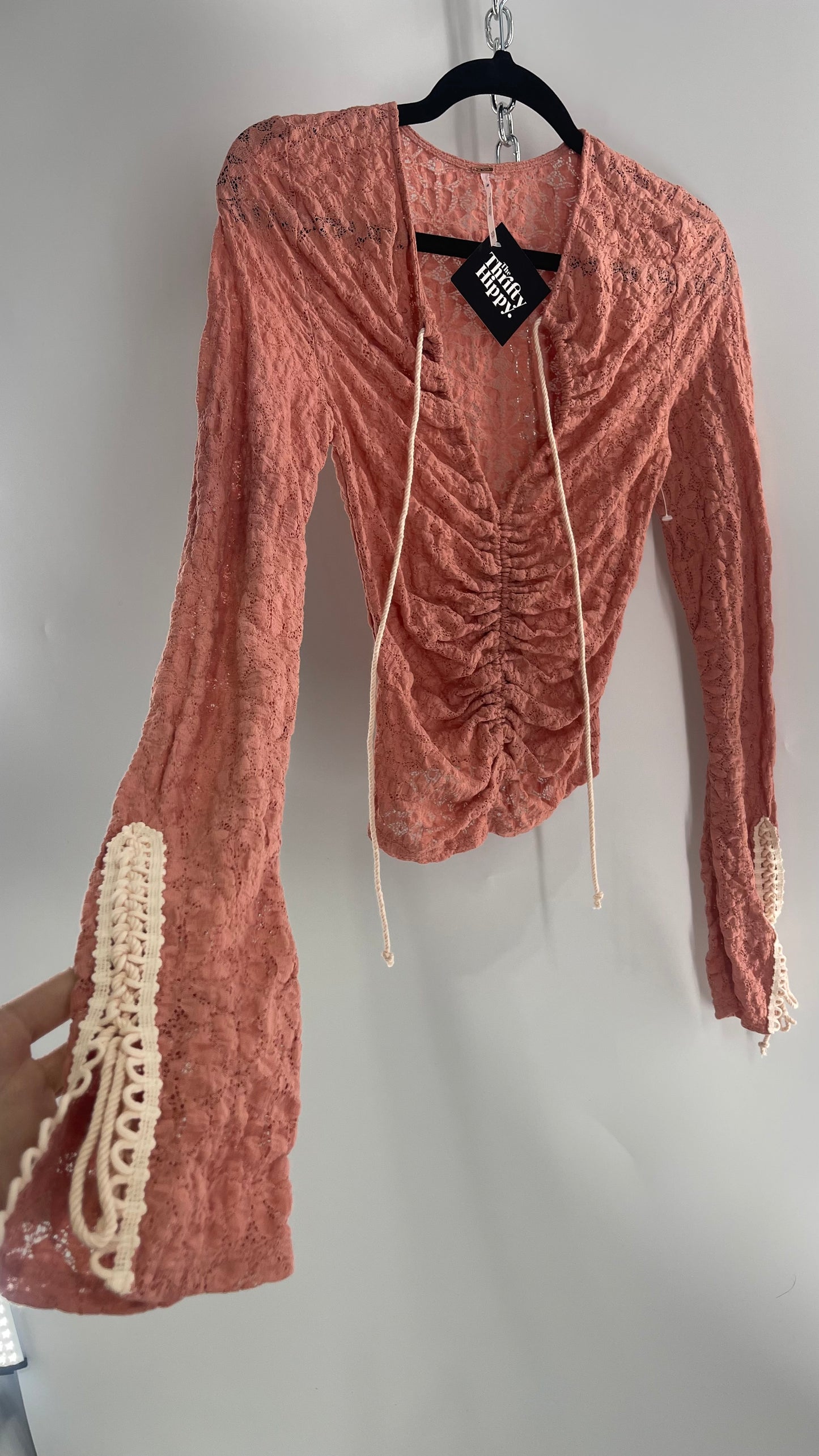 Free People Pink Lace Long Sleeve with Beige Lace Up Sleeve Detail (XS)