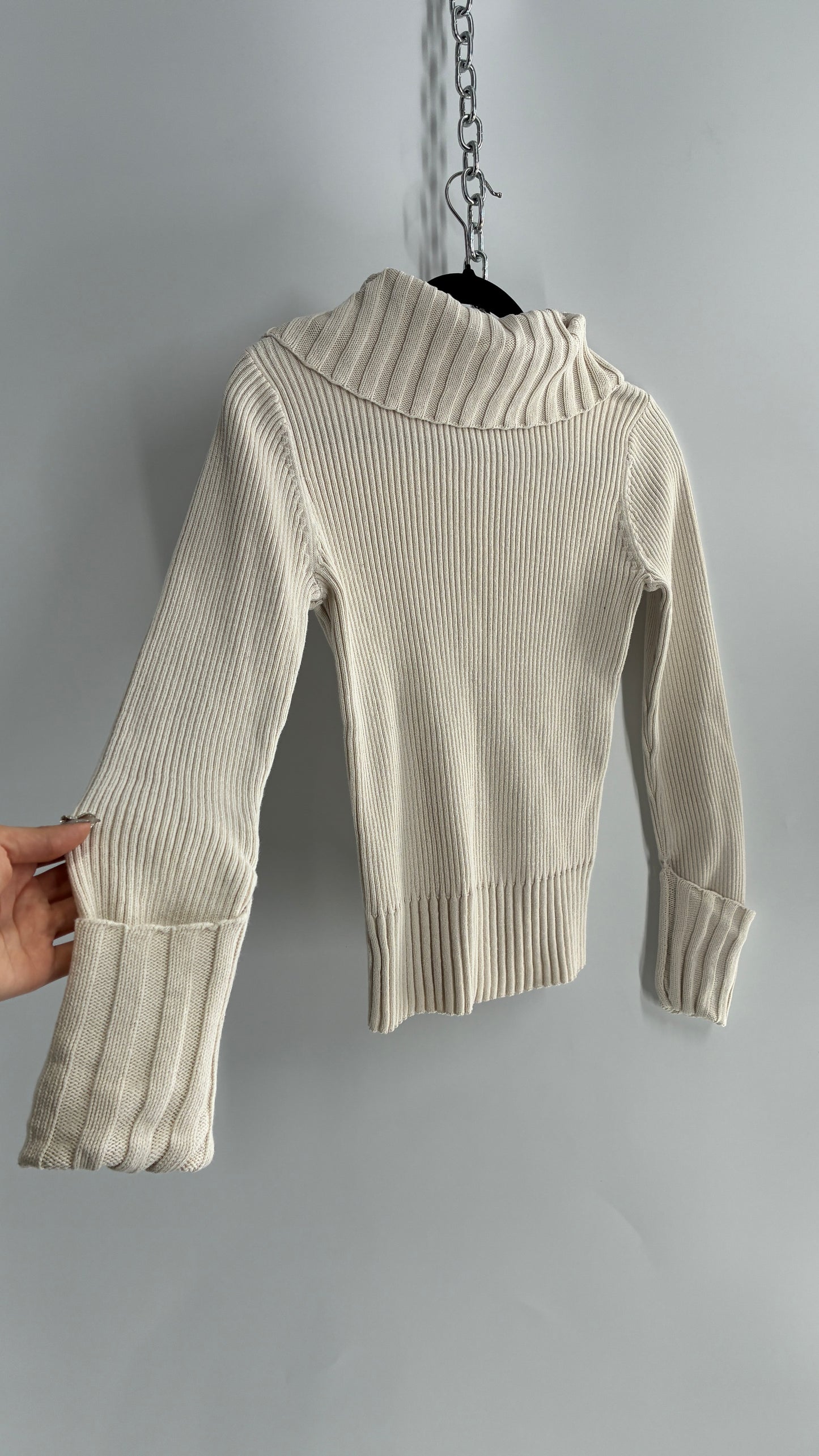 Vintage 1990s DKNY Off White Thick Ribbed Long Sleeve with Fold Over Wrists and Neckline (Medium)