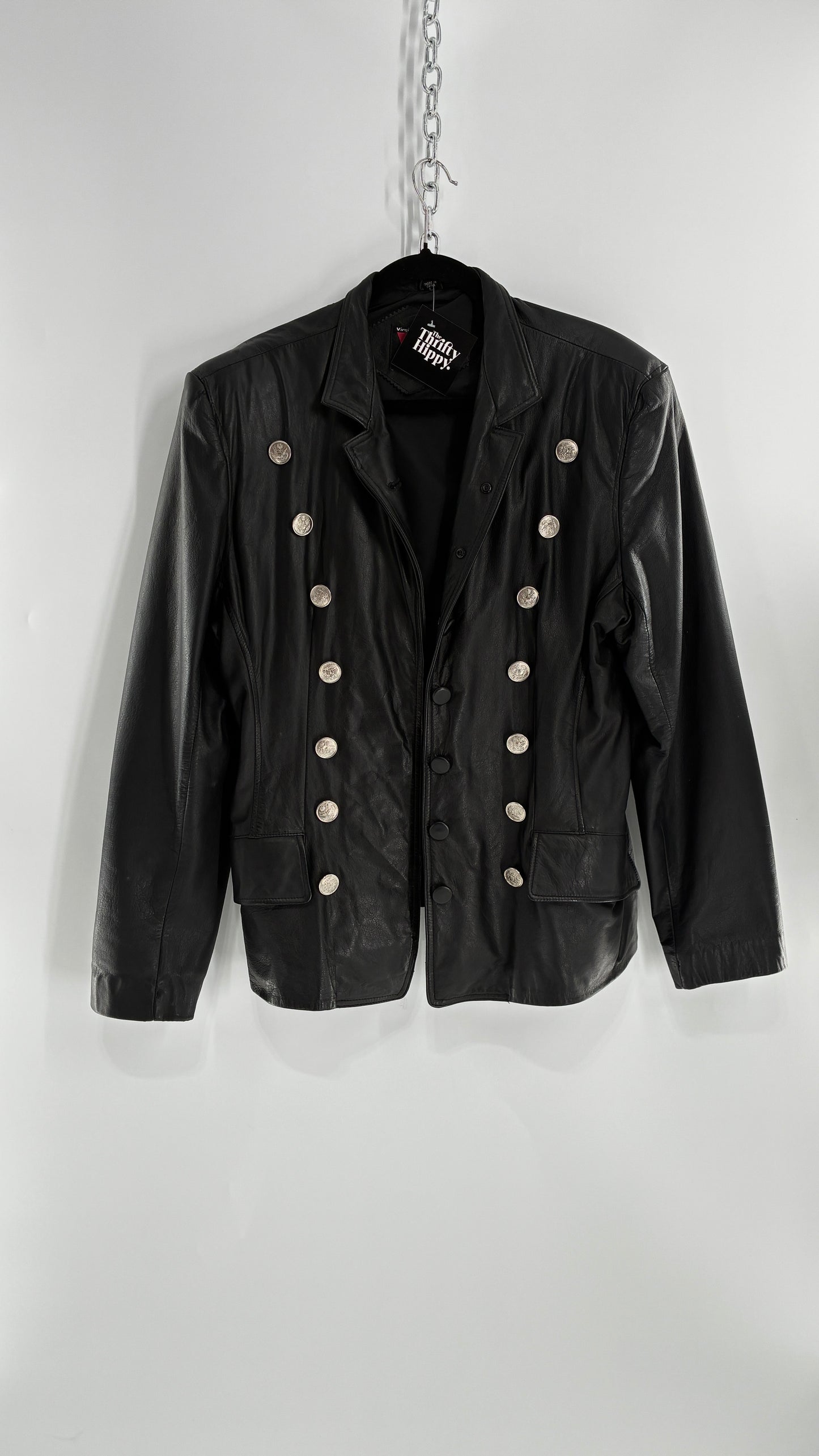 Vintage Virginia Slims Black Genuine Leather Military Jacket with Double Breasted Embossed Buttons (Large)