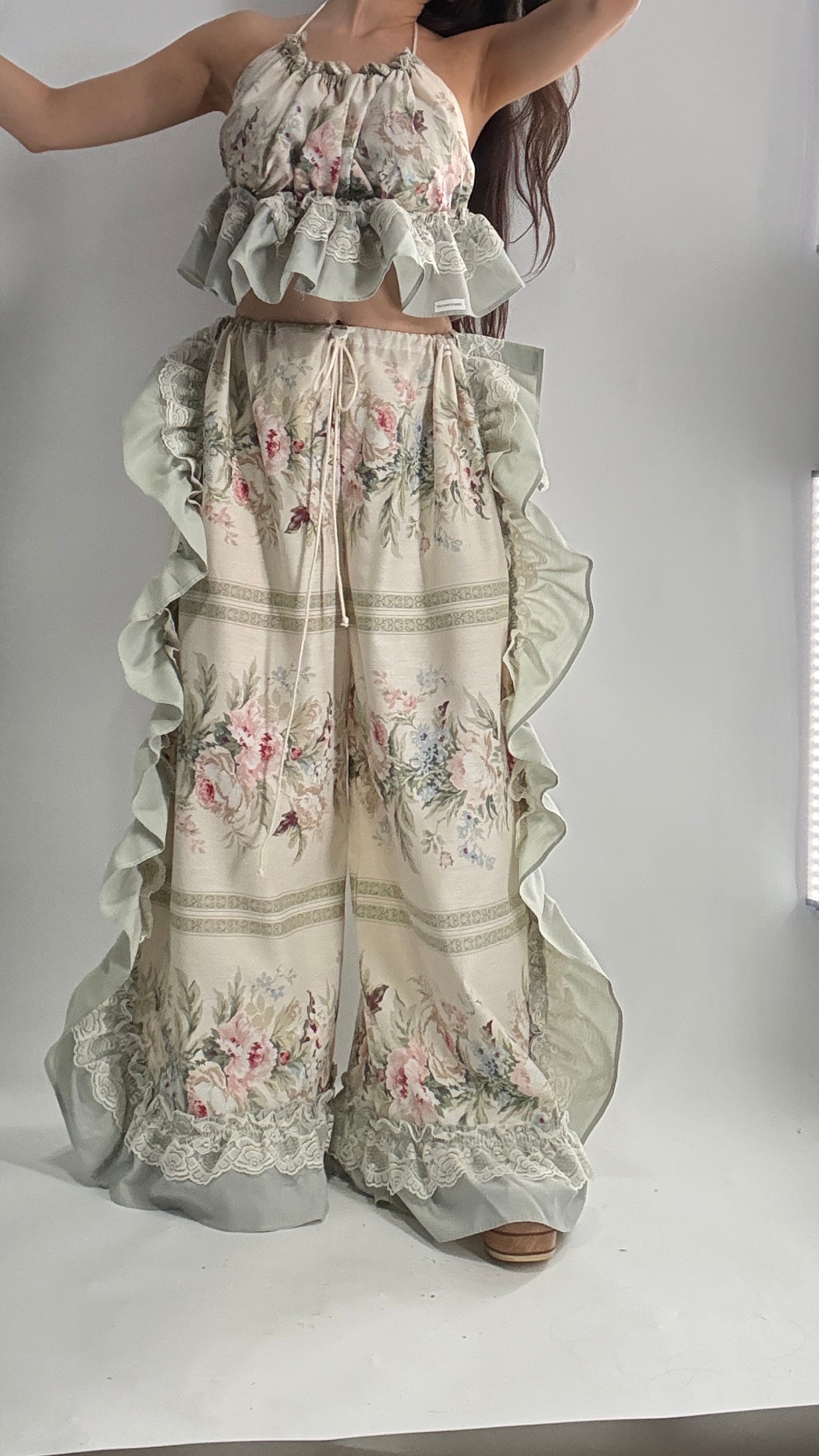 Handmade Vintage Muted Florals Two Piece Set with Adjustable Waist and Bust Lines (XS-XL)