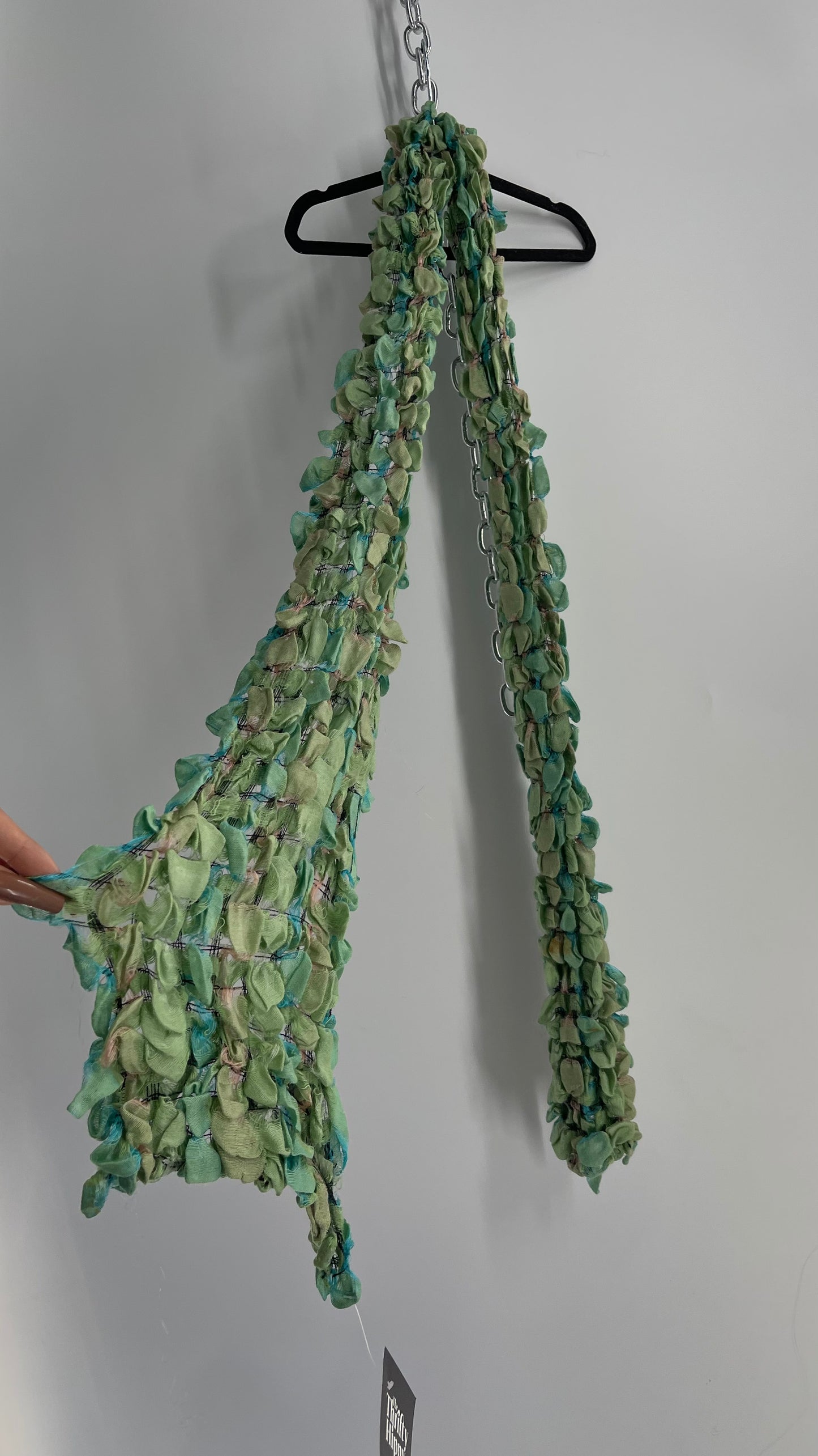 Vintage Scrunchy Green Textured Skinny Scarf