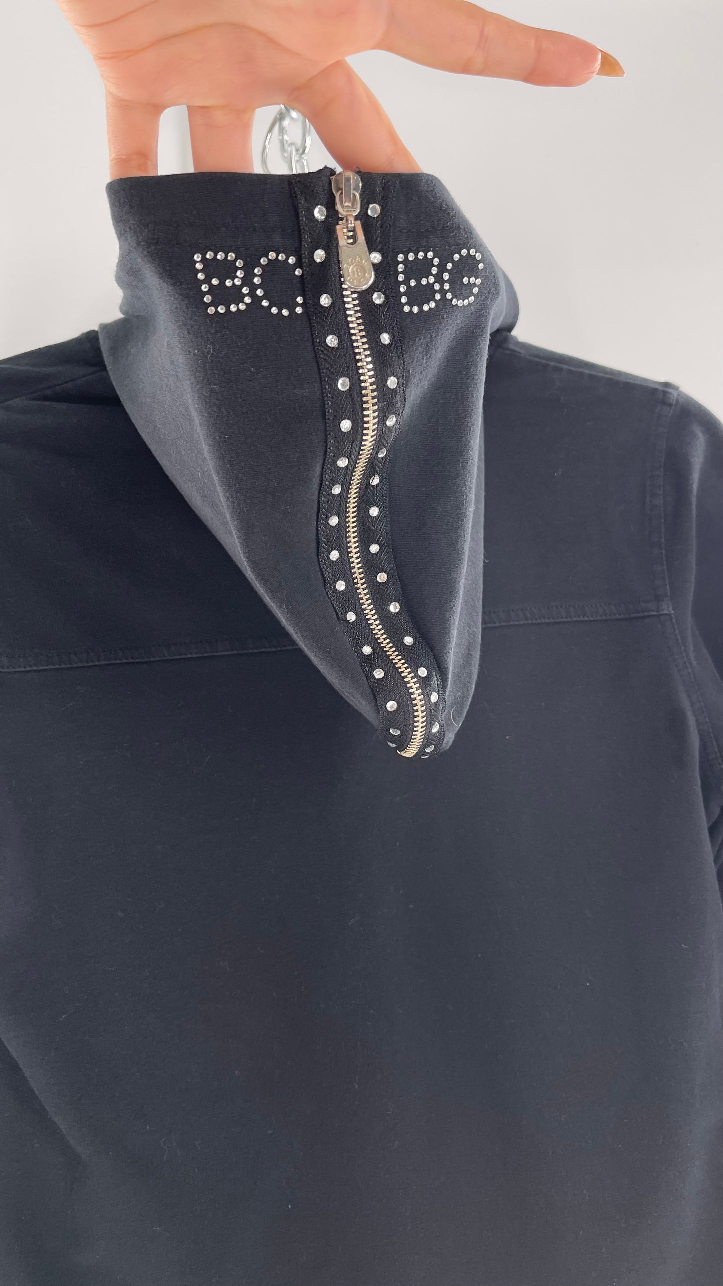 Vintage BCBG Rhinestone Logo Hoodie with Zip Up Studded Hood (Medium)