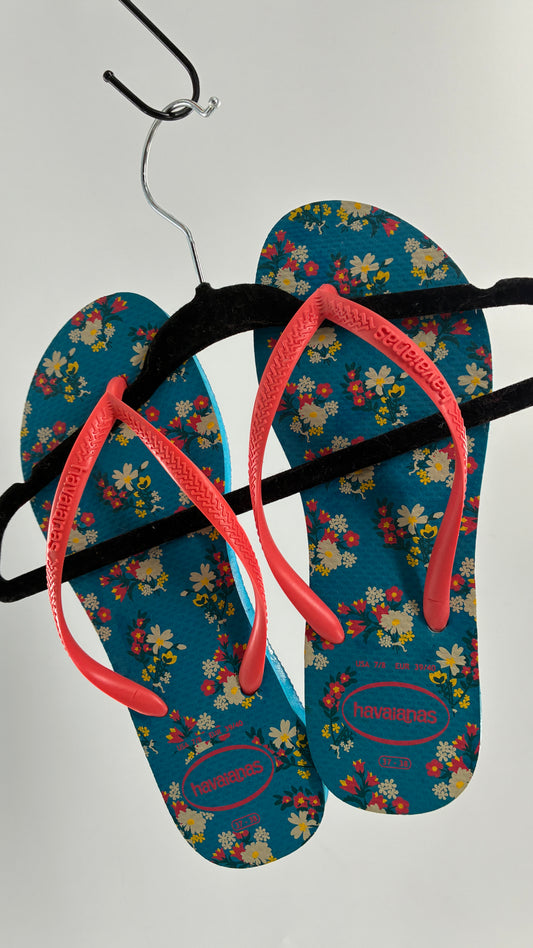 Blue and Neon Floral Havaianas NWOT (7/8)