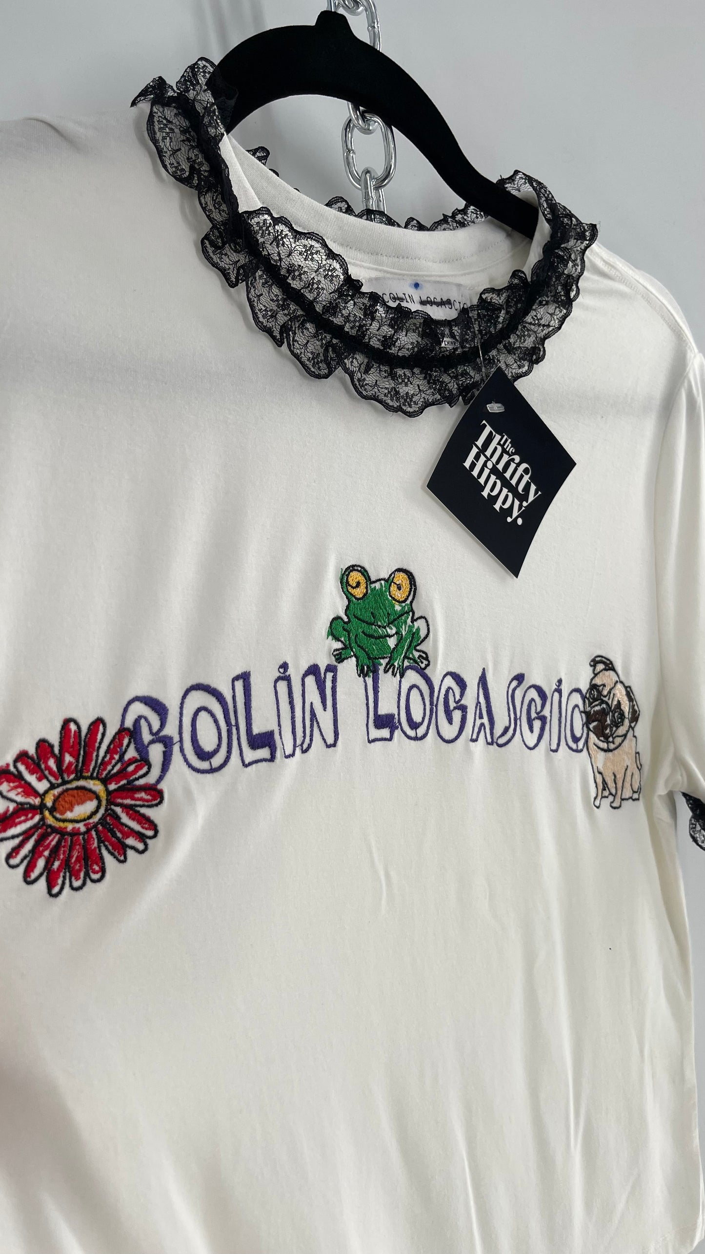 Colin Locascio Tannie T Shirt White Black Lace Ruffle Sleeves Frog Embroidery (Small)
