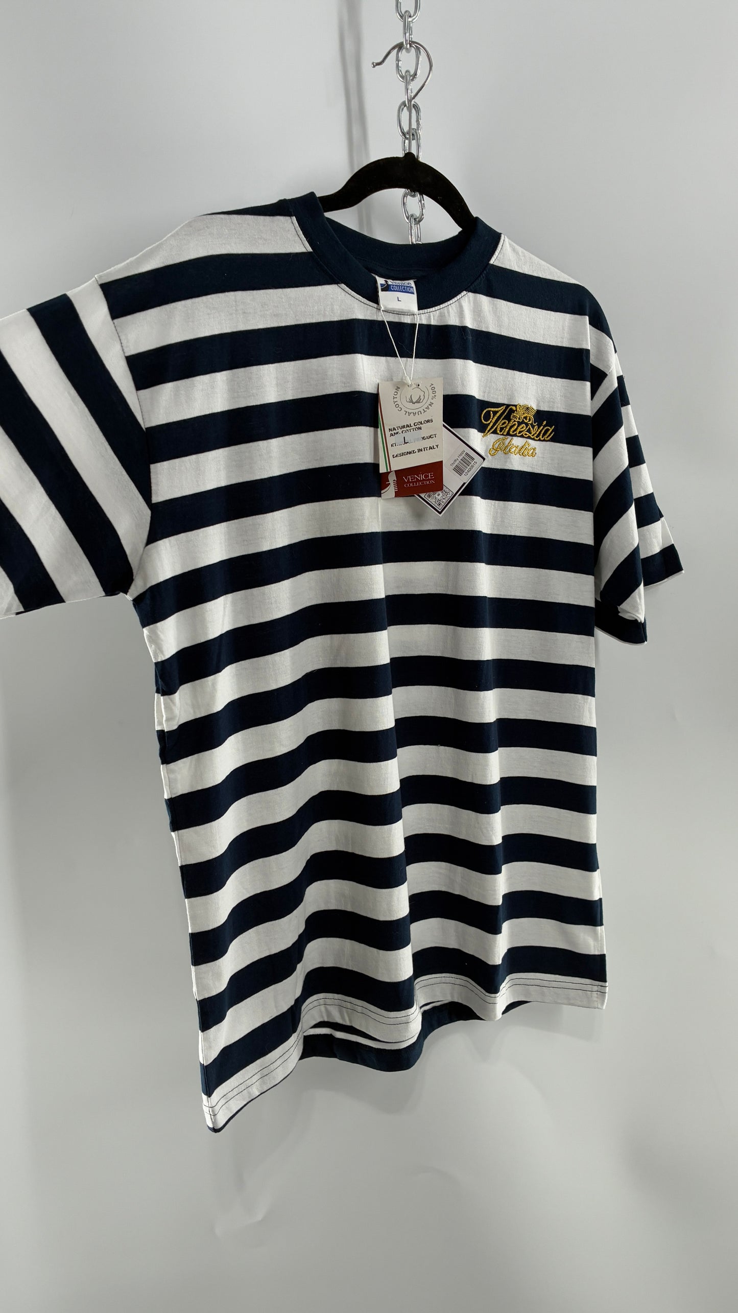 Vintage VENEZIA Striped Navy Short Sleeve with Gold Embroidery Designed in Italy (Large)