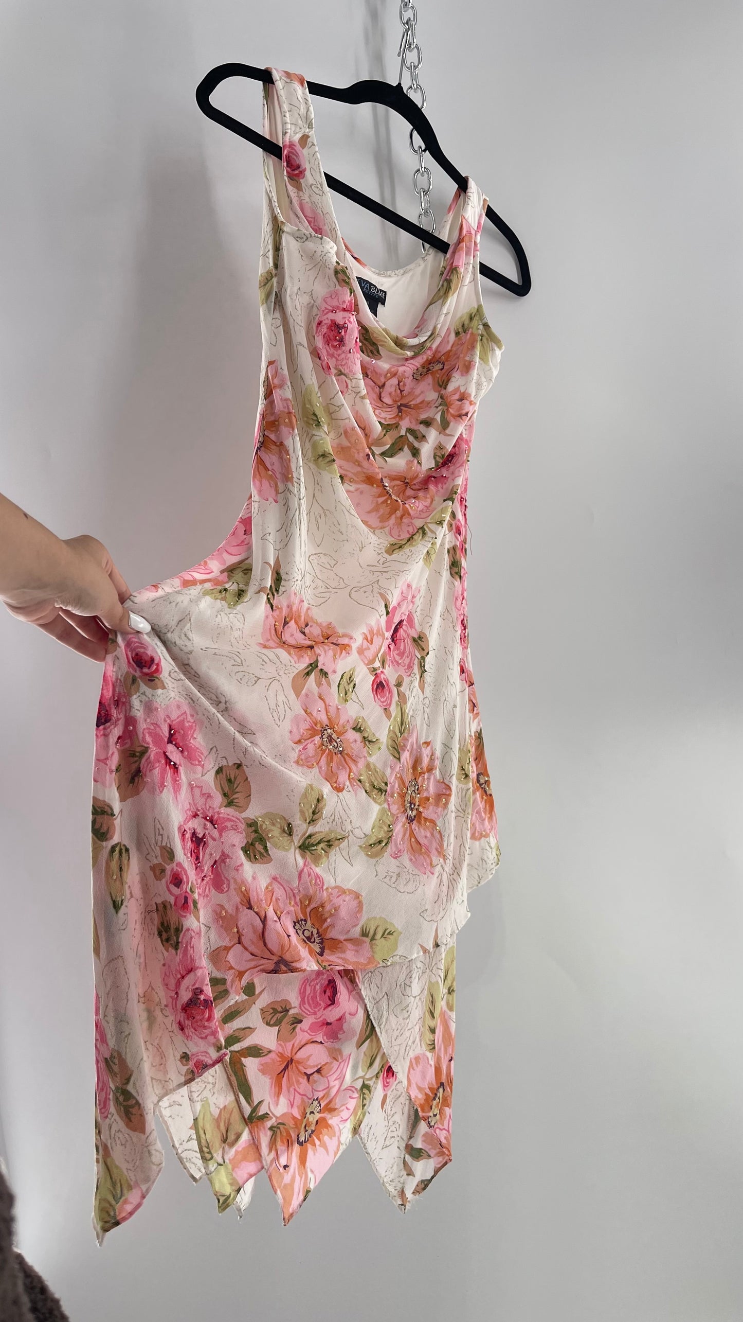 Vintage Eva Blue Pink Floral Draped Neck Sleeveless MIDI with Beading (10)
