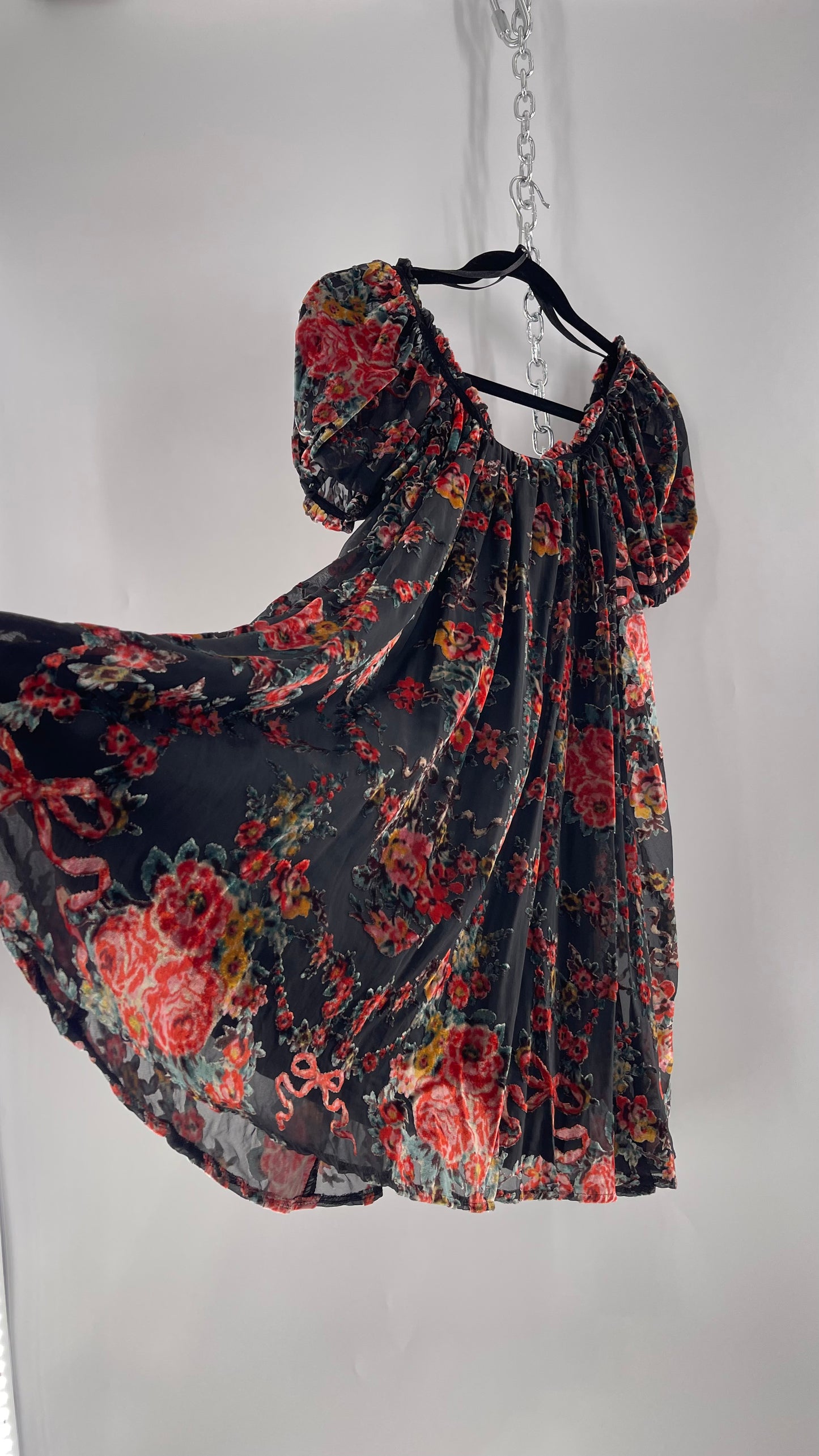 Free People Beautiful Blooms Velvet Florals Babydoll Dress (Small)