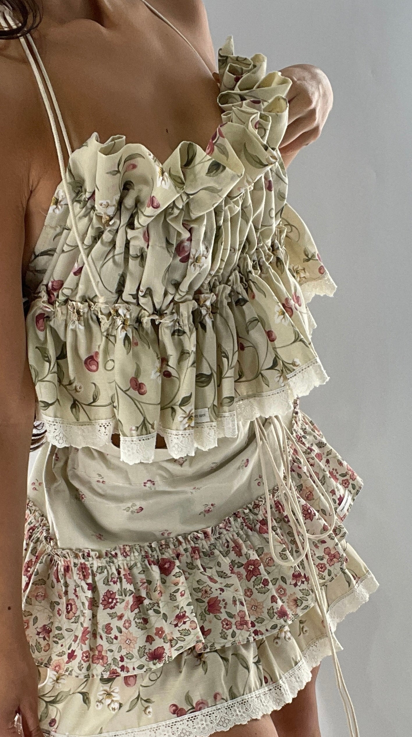 Vintage Cherry Cottage Set with Tiered Ruffled Skirt and Ruched, Backless Top (One Size)