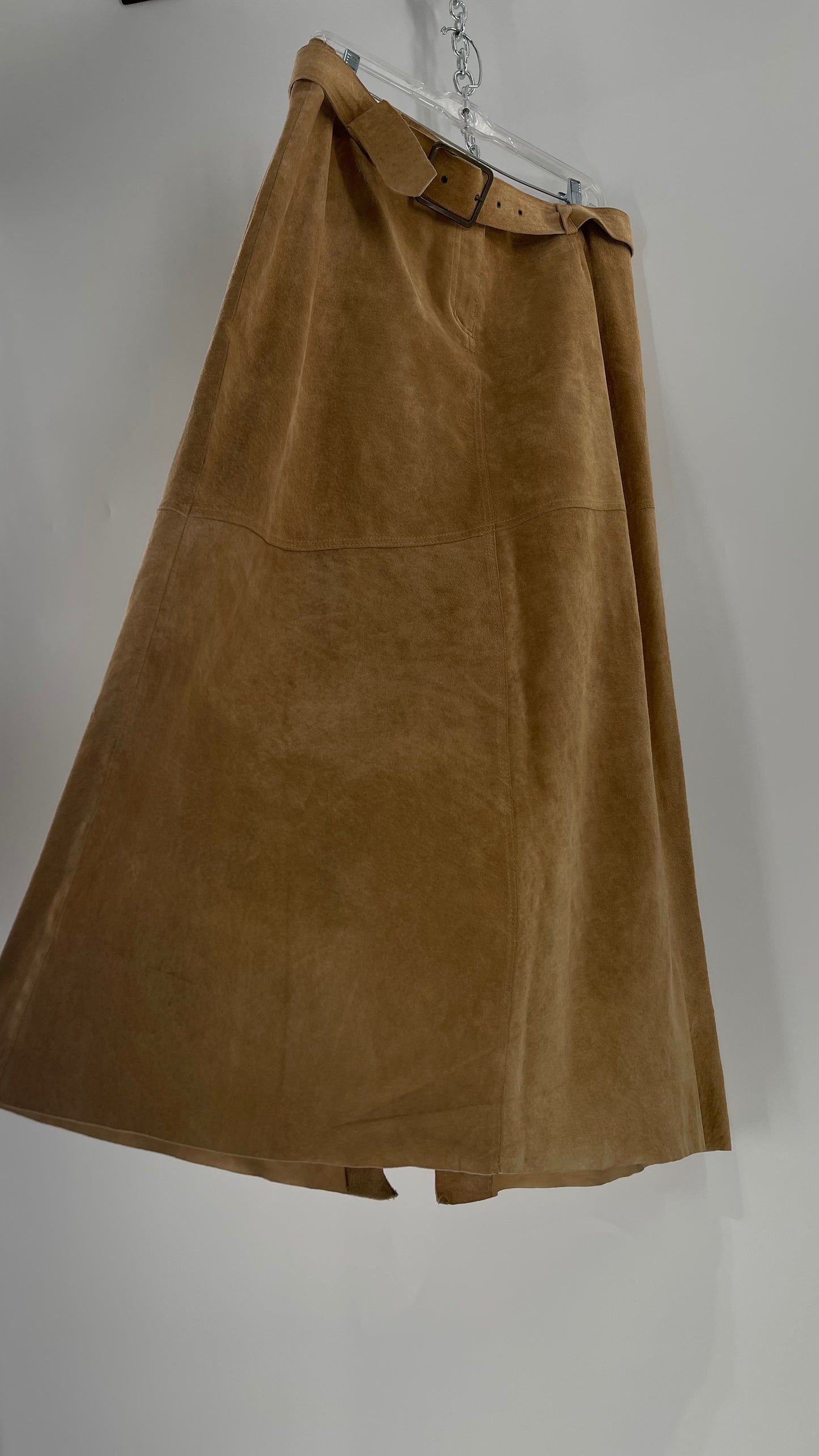 Vintage Margaret Godfrey Tan Suede Low Rise Full Length Skirt with Grommet Belt (14)