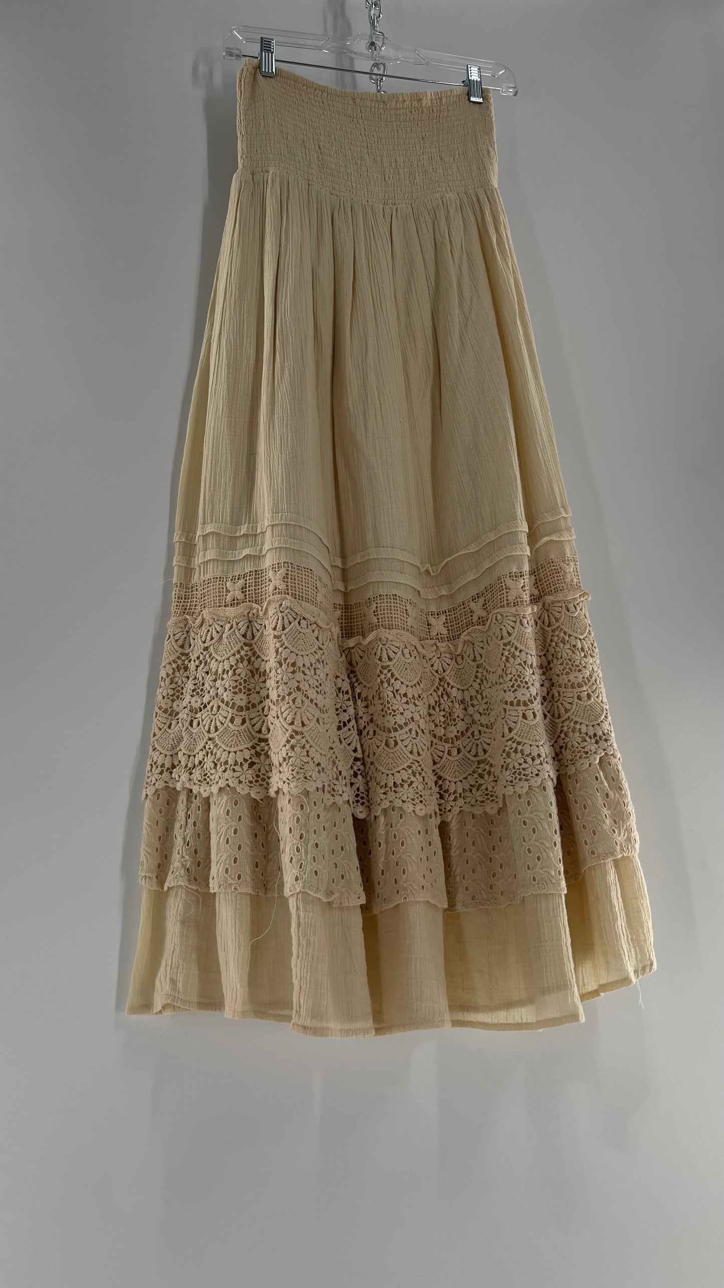 Free People Beige Gauze/Cotton Full Length Skirt Lined with Lace (XS)