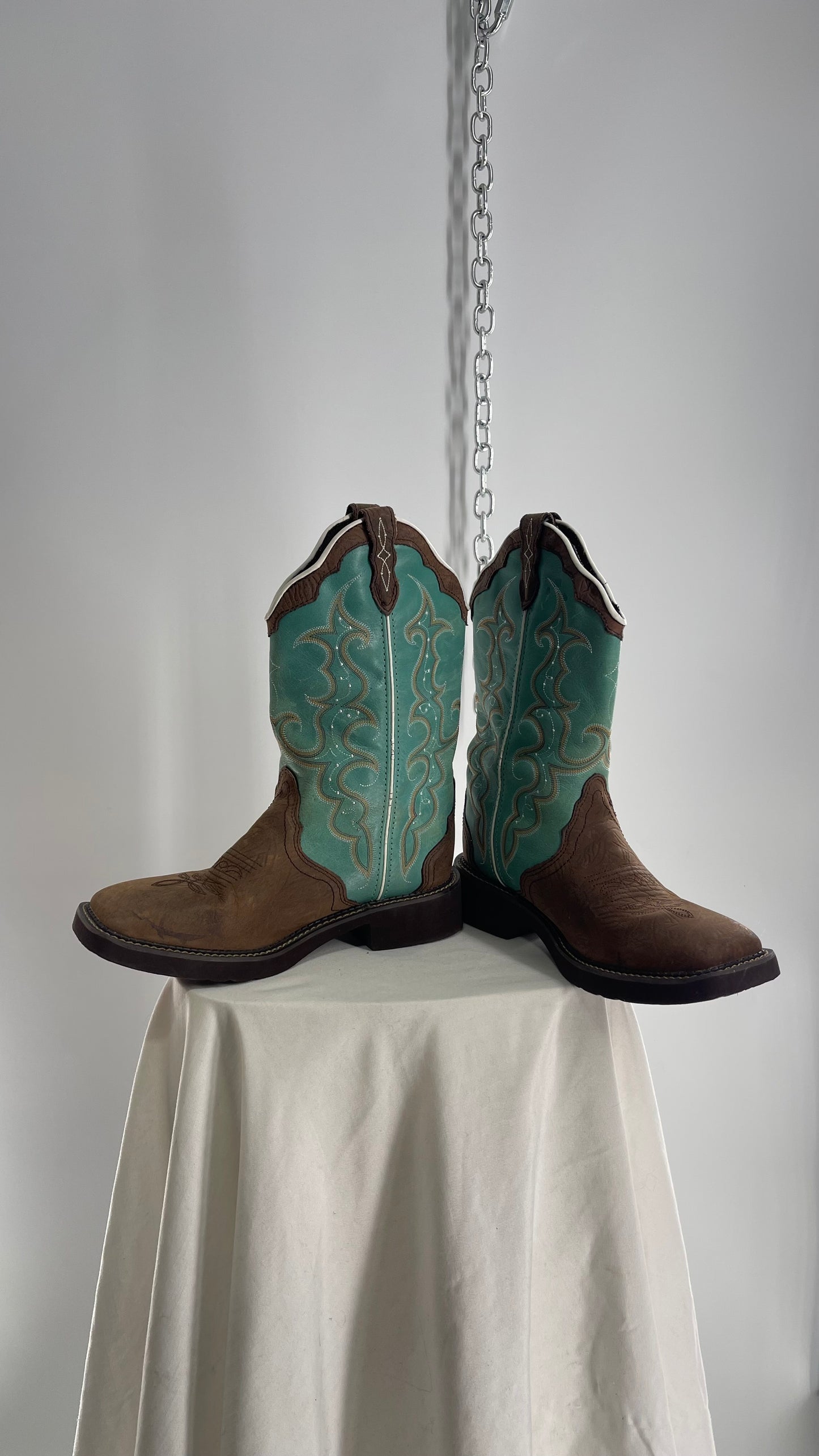 Vintage Justin Gypsy Brown Leather Turquoise Raya Cowboy Boots (8.5B)